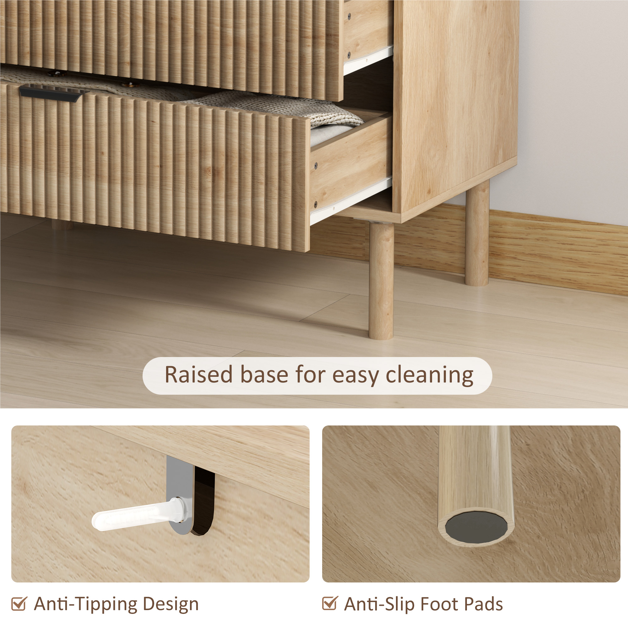 Bedroom Chest of Drawers, 3 Drawer Dresser with Fluted Panels and Solid Wood Legs, Storage Cabinet for Living Room, Oak - Image 4