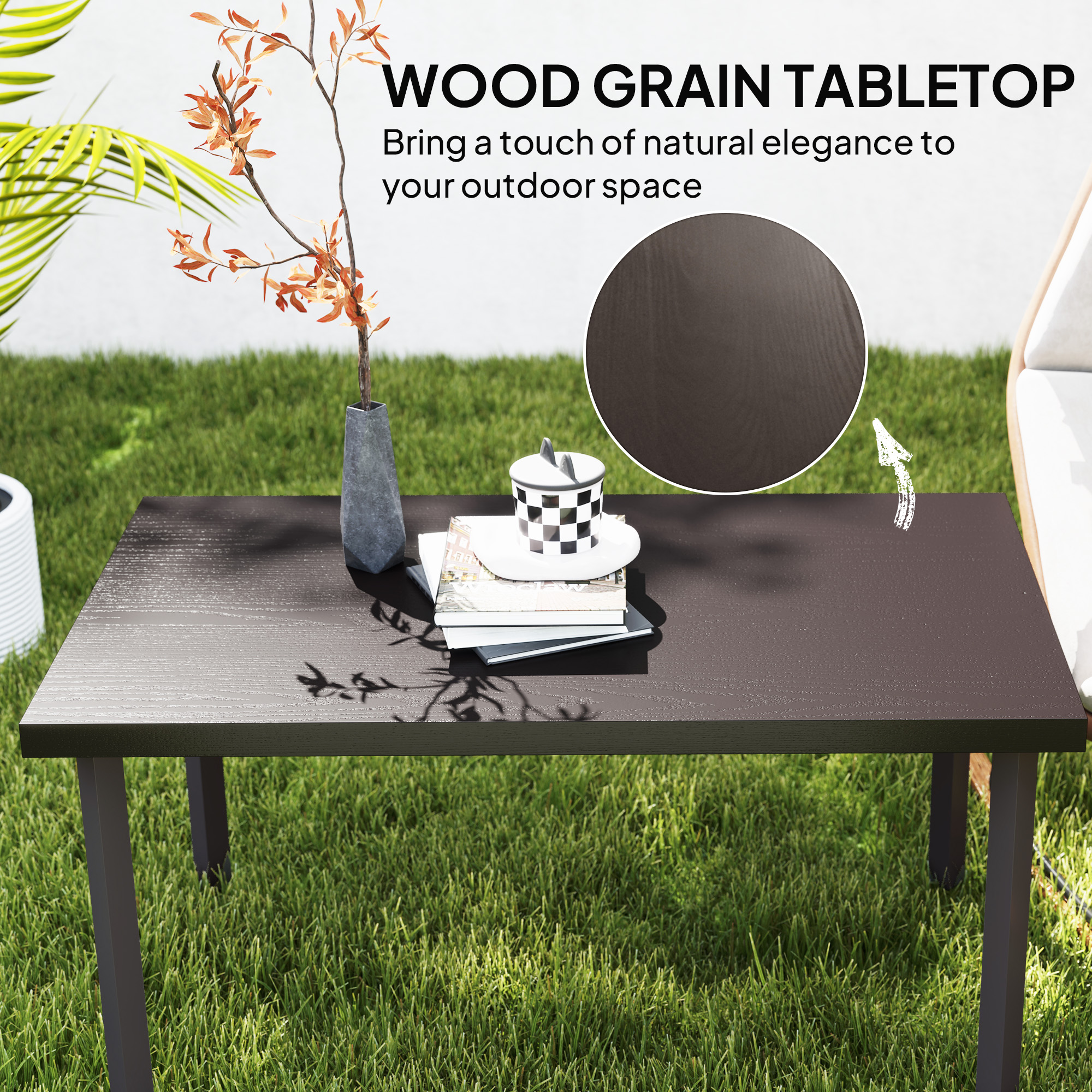 Metal Outdoor Side Table, Rectangle Patio Coffee Table with Woodgrain Tabletop for Outside Garden, Brown - Image 2