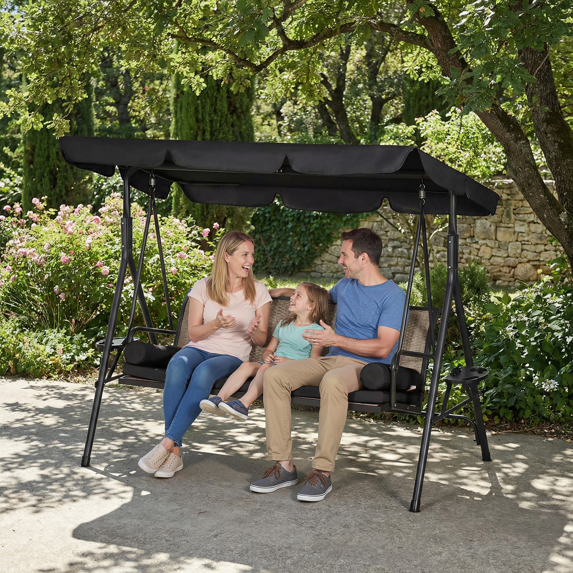 Outdoor 3-Seat Porch Swing with Canopy, Rattan Seat, Removable Cushion, Pillows and Steel Frame - Image 6