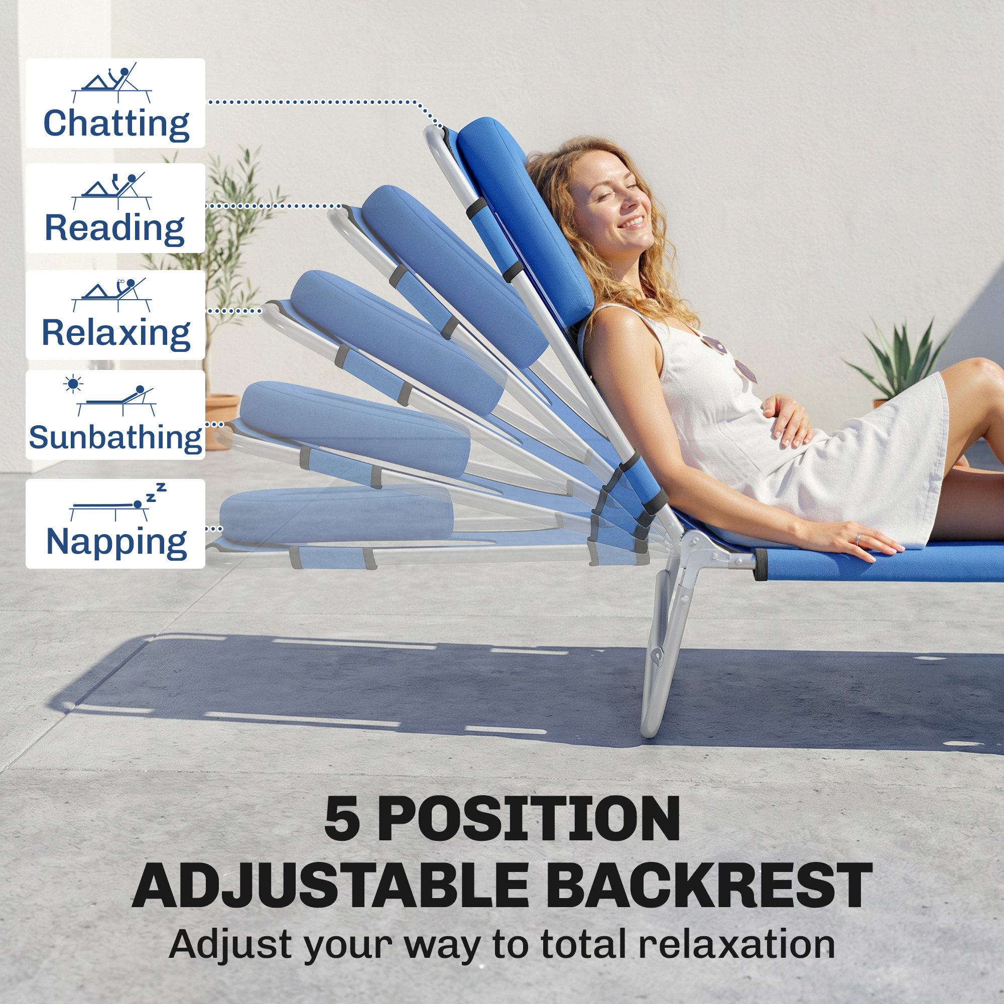 Folding Lounge Chair Outdoor, Tanning Chair with Face Hole Arm Slots, Beach Chaise Lounger with Pillow, 5-Position Adjustable Portable Sun Lounger Bed for Pool, Blue - Image 3