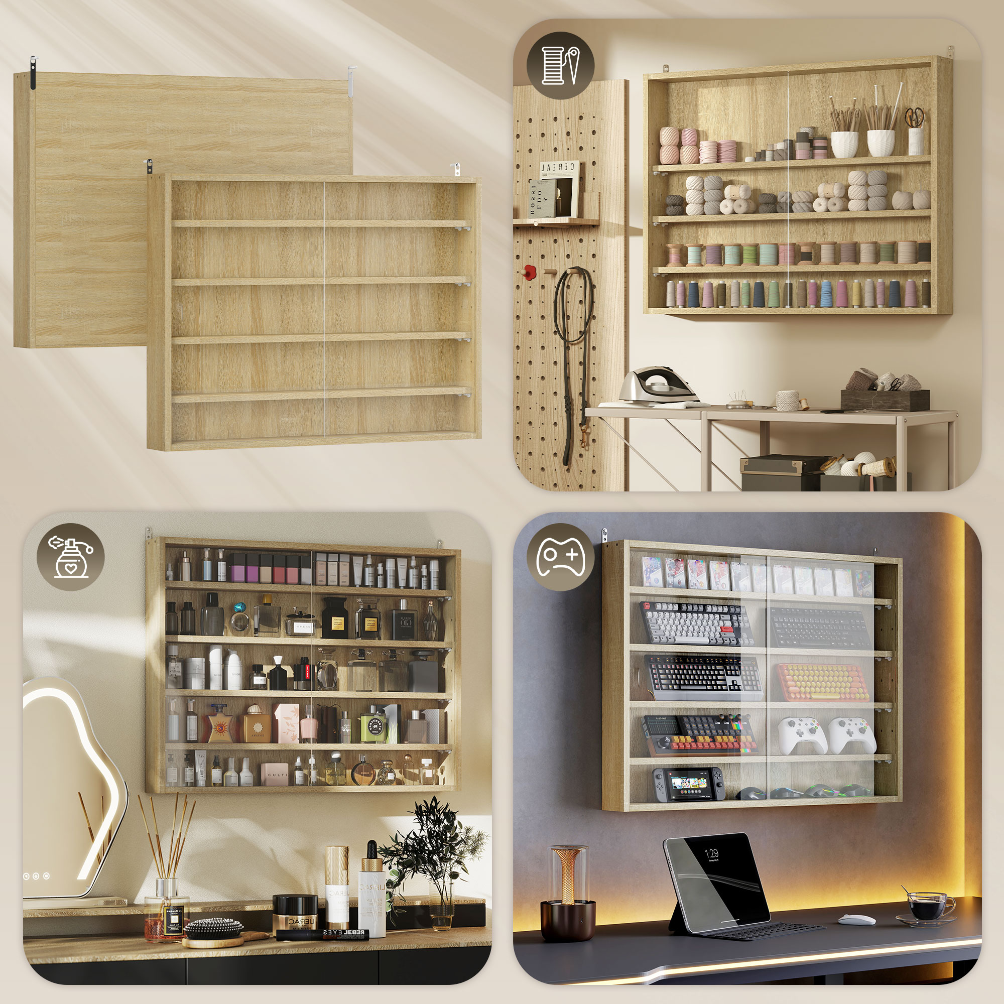 5-storey Display Cabinet, Shot Glass Display Case, Glass Curio Cabinet with 2 Glass Doors and 4 Adjustable Shelves, Oak - Image 5