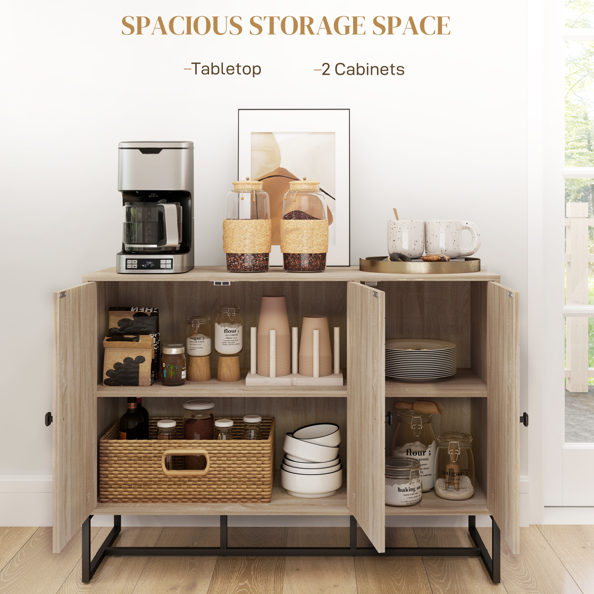 Modern Sideboard, Buffet Cabinet with Adjustable Shelves, 3 Chevron Doors for Living Room, Hallway, Oak Wood Grain - Image 2