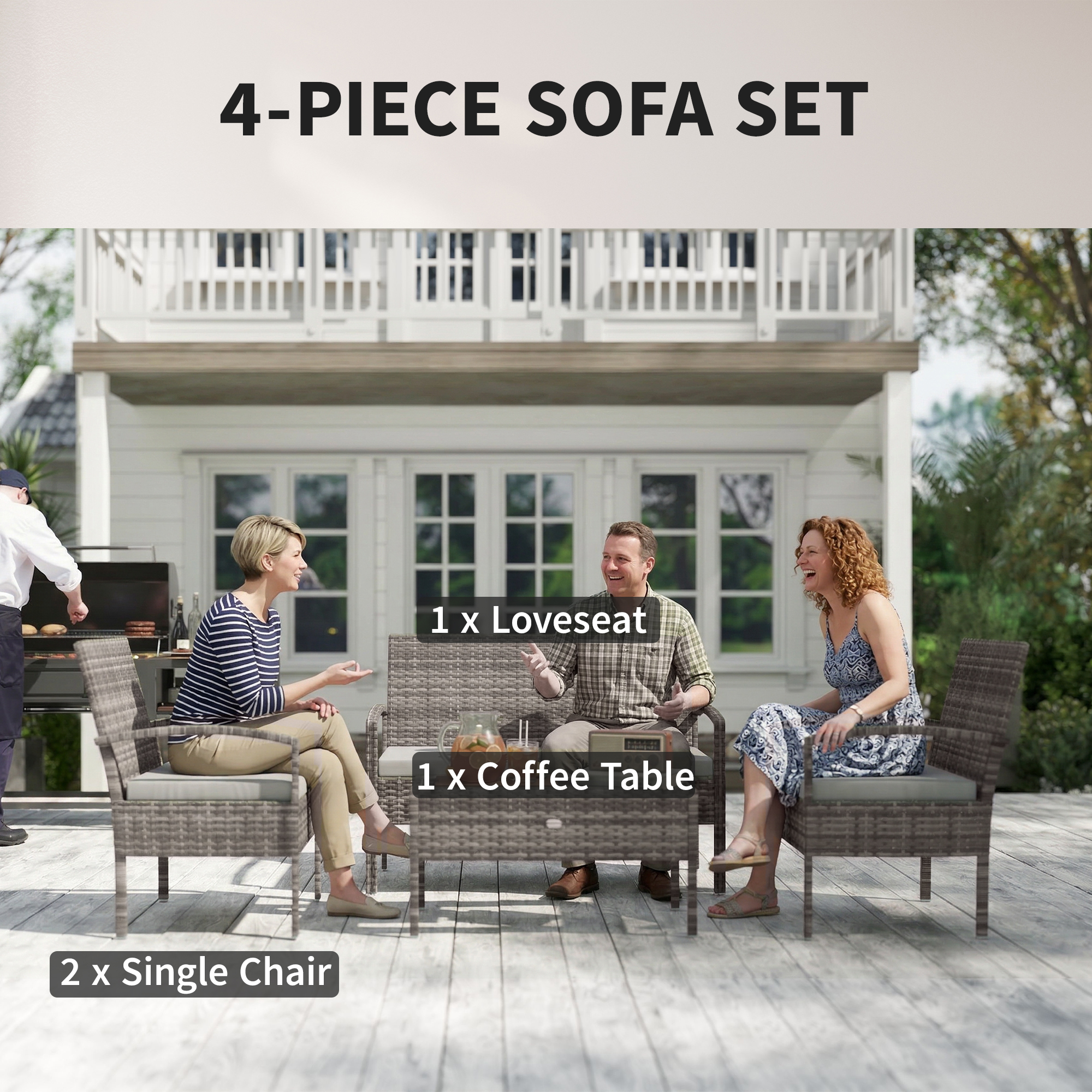 4 Pieces Patio Furniture Set with A Loveseat, Two Armchairs and A Coffee Table, Outdoor Conversation Set, Light Grey - Image 2