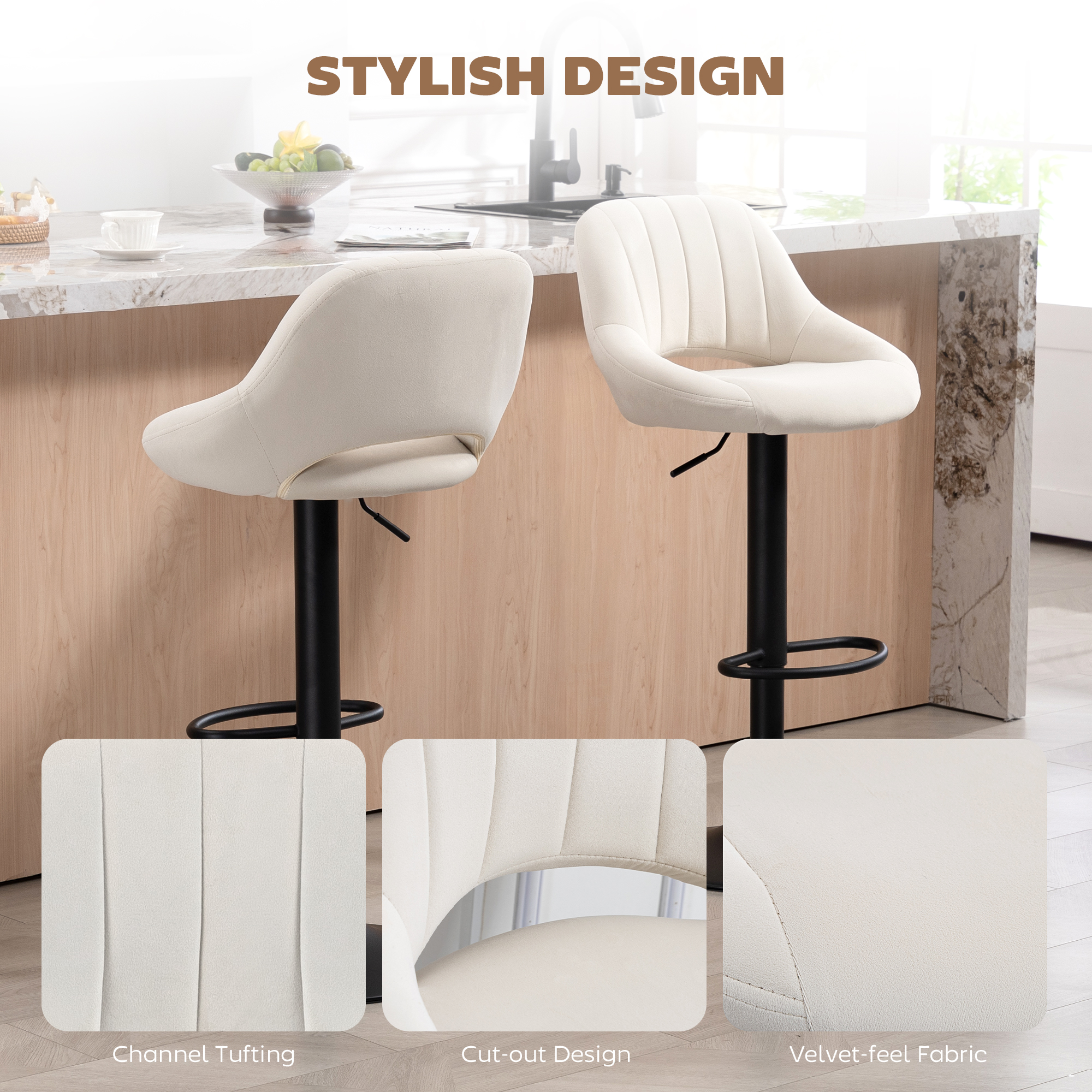 Bar Stools Set of 2, Swivel Counter Height Barstools with Adjustable Height and Cutout Back, Velvet Upholstered Bar Chairs with Round Metal Base and Footrest, Cream - Image 5