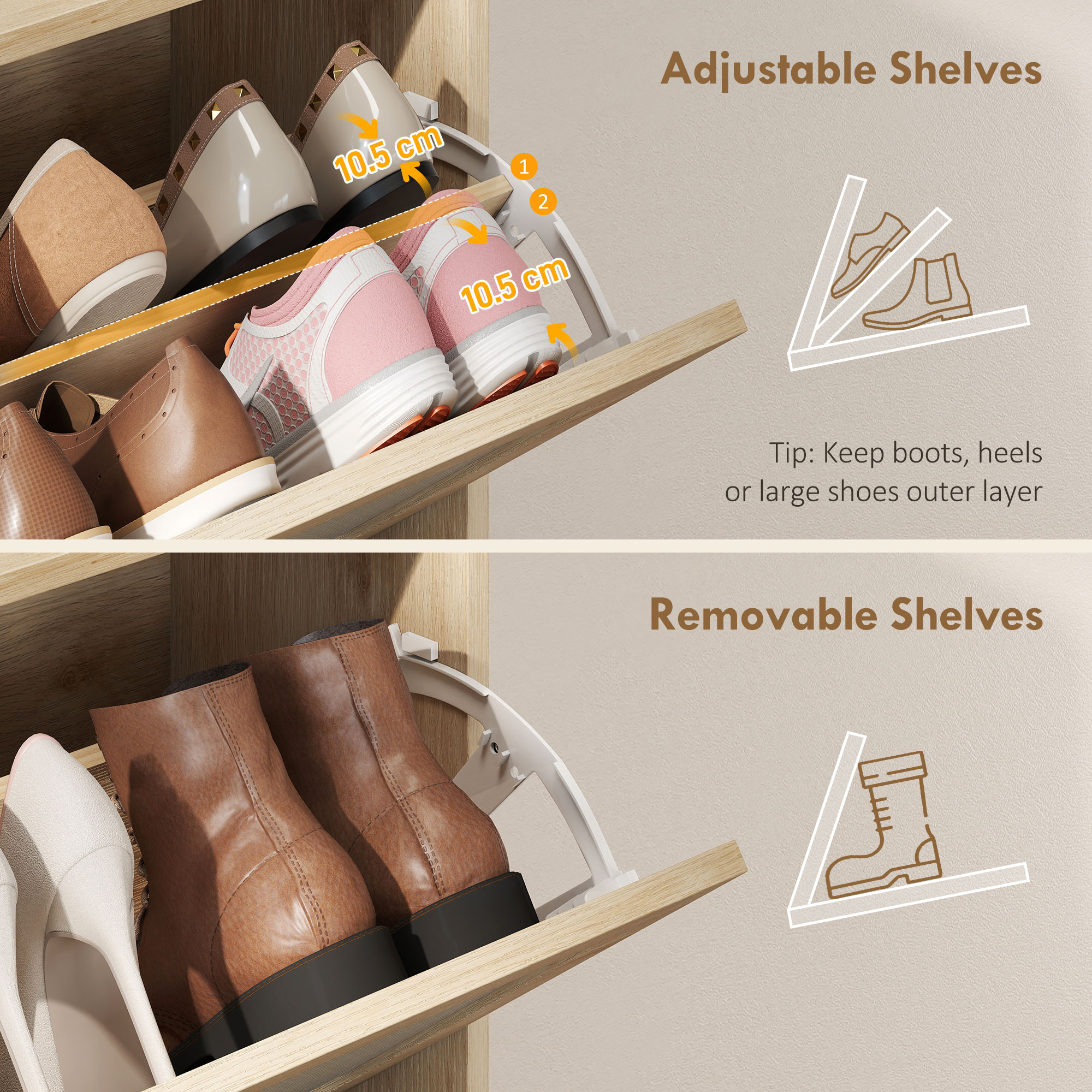 Shoe Cabinet with 2 Flip Drawers, Boho Narrow Shoe Storage Cabinet, Oak - Image 4