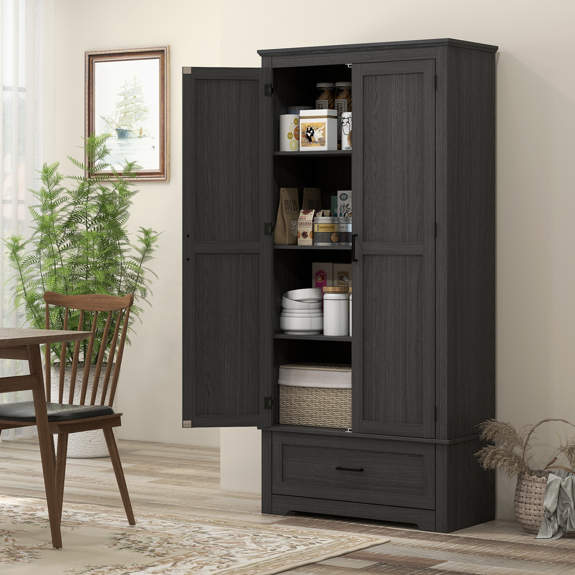 69" Tall Farmhouse Kitchen Pantry Cabinet with 2 Doors, Drawer and Adjustable Shelves, Black Wood Grain - Image 6