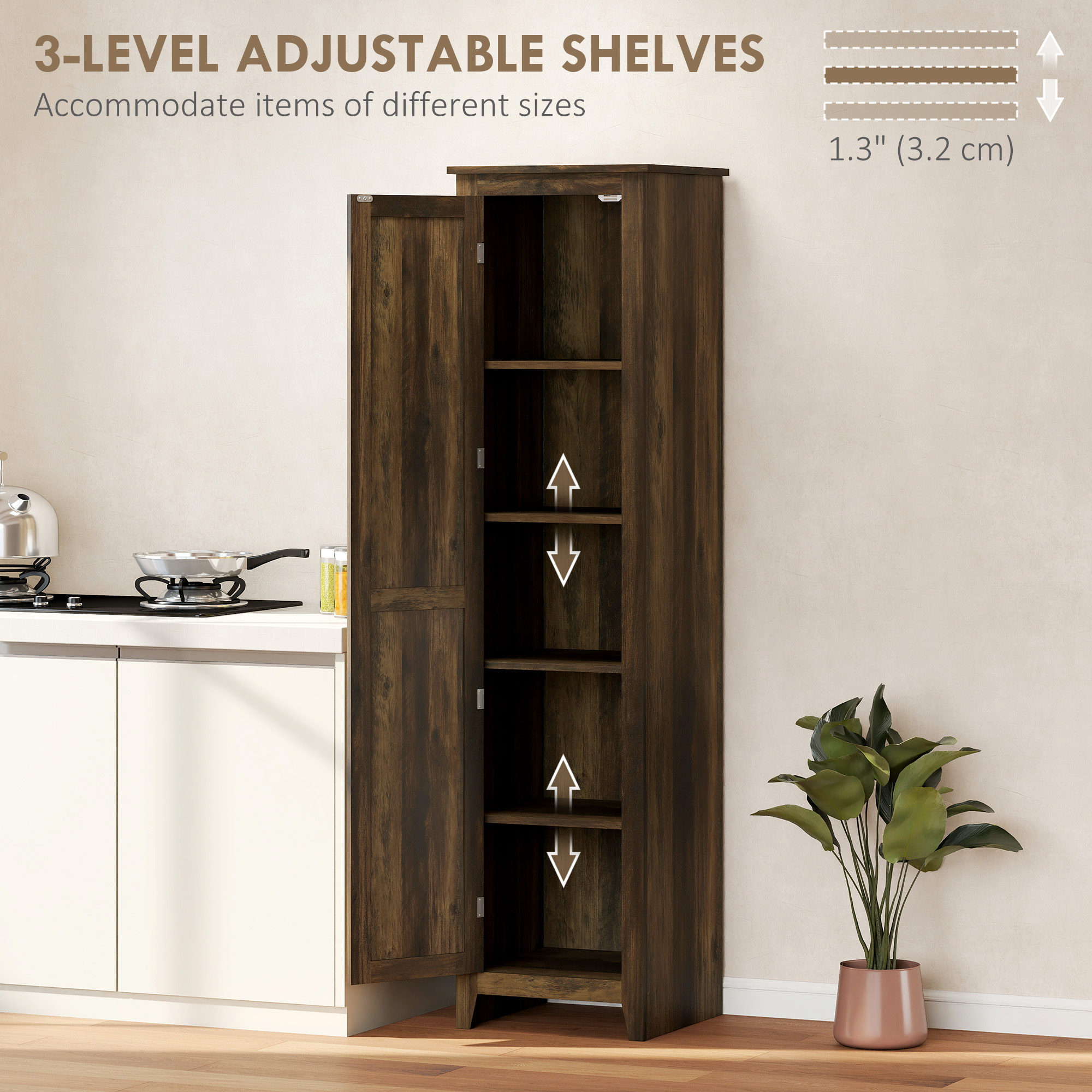 67" Farmhouse Kitchen Pantry Storage Cabinet with Barn Door, Kitchen Pantry Cabinet with Adjustable Shelves, Brown - Image 3