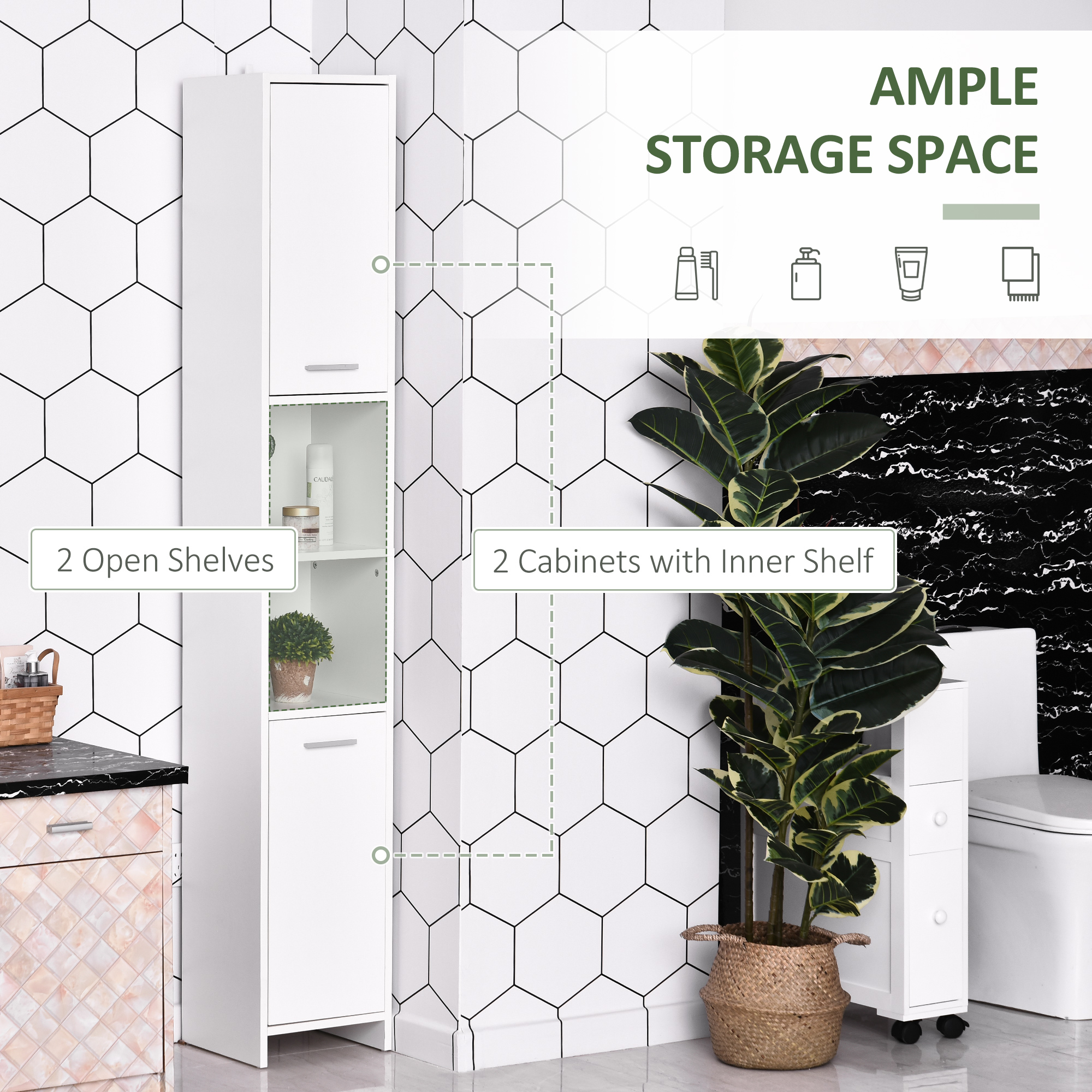 Tall Bathroom Vanities, Narrow Bathroom Cabinets with 2 Doors, Open Compartment and Adjustable Shelves, White - Image 2