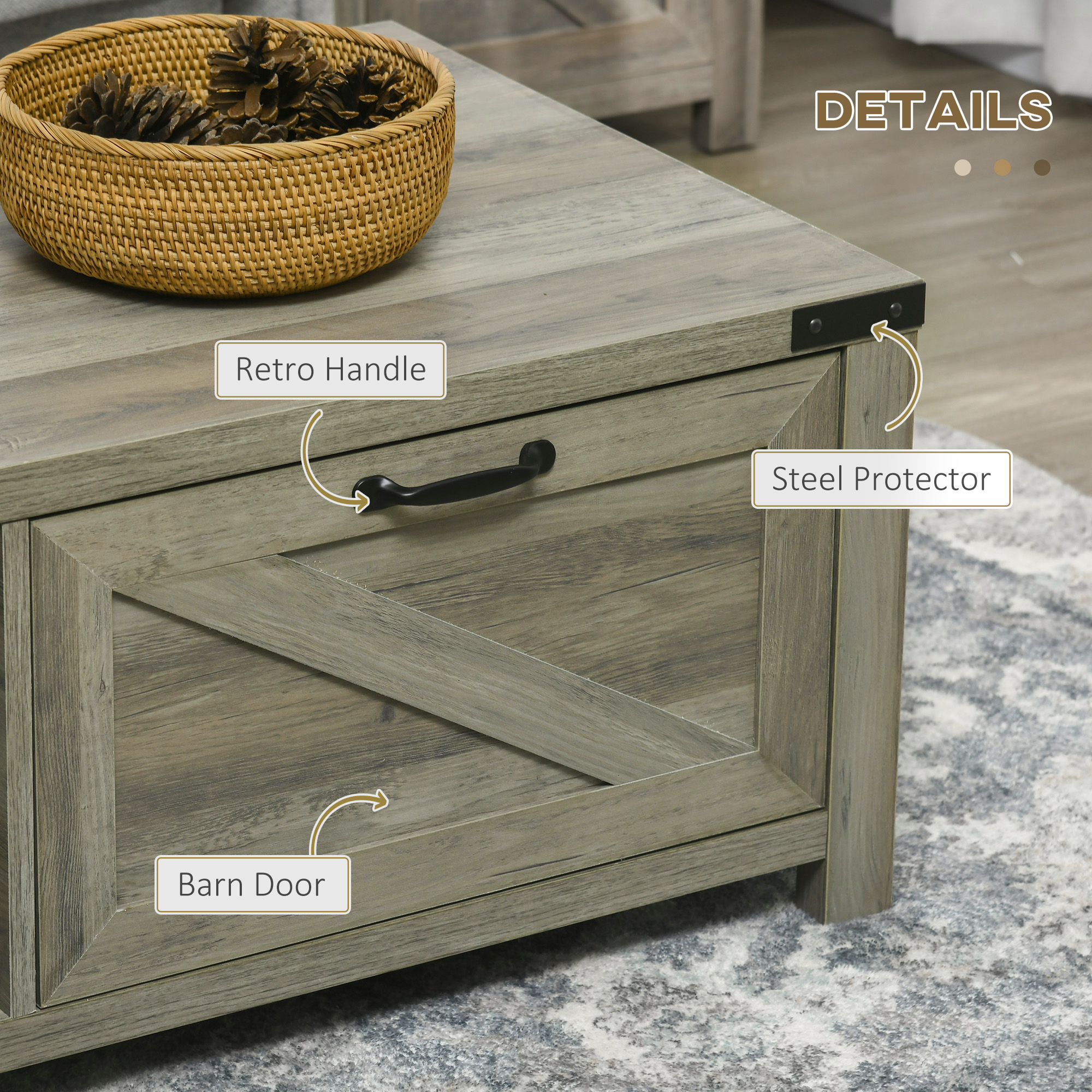 Farmhouse Coffee Table with Drawer and Storage Shelf, Rustic Center Table for Living Room, Meeting Room, Grey - Image 4