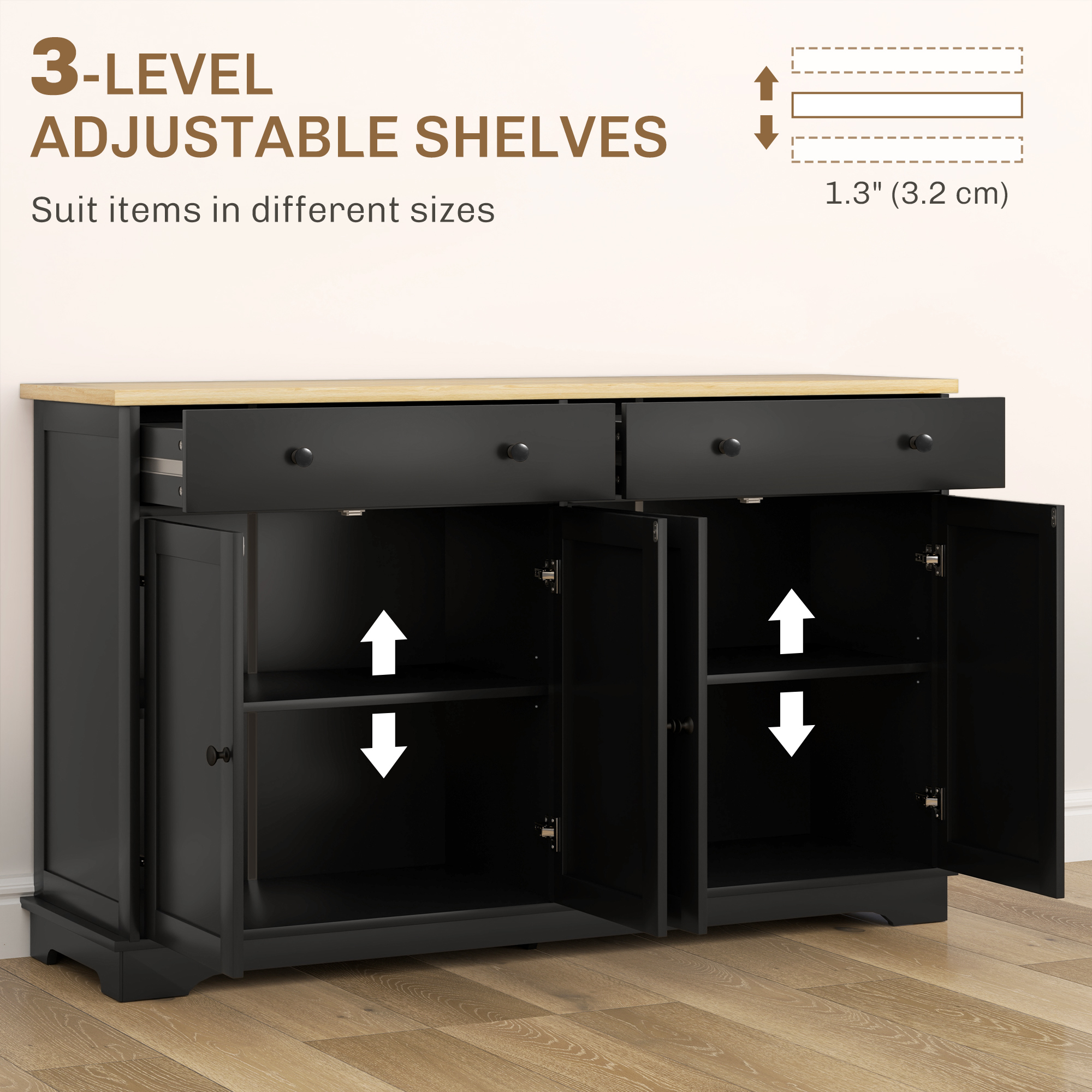 Modern Sideboard, Buffet Cabinet with Storage Drawers, Adjustable Shelves for Living Room, Dining Room, Entryway, Black - Image 3