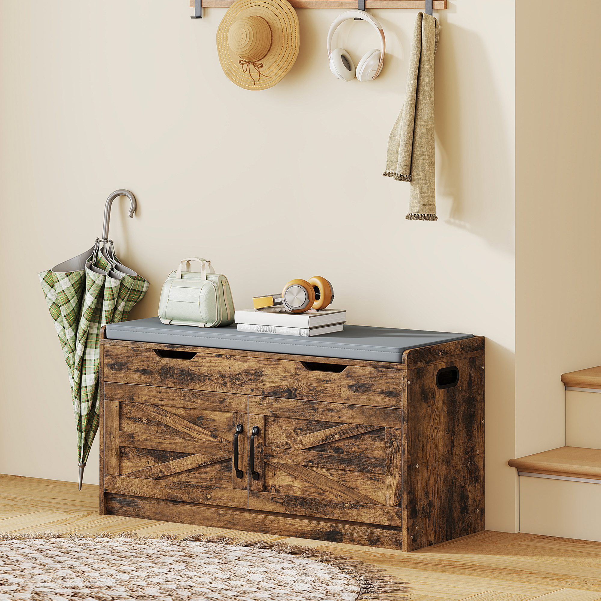 Shoe Storage Bench, Entryway Bench with 2-Tier Cabinet, Flip-Top Storage, Padded Cushion for Hallway, Rustic Brown - Image 6