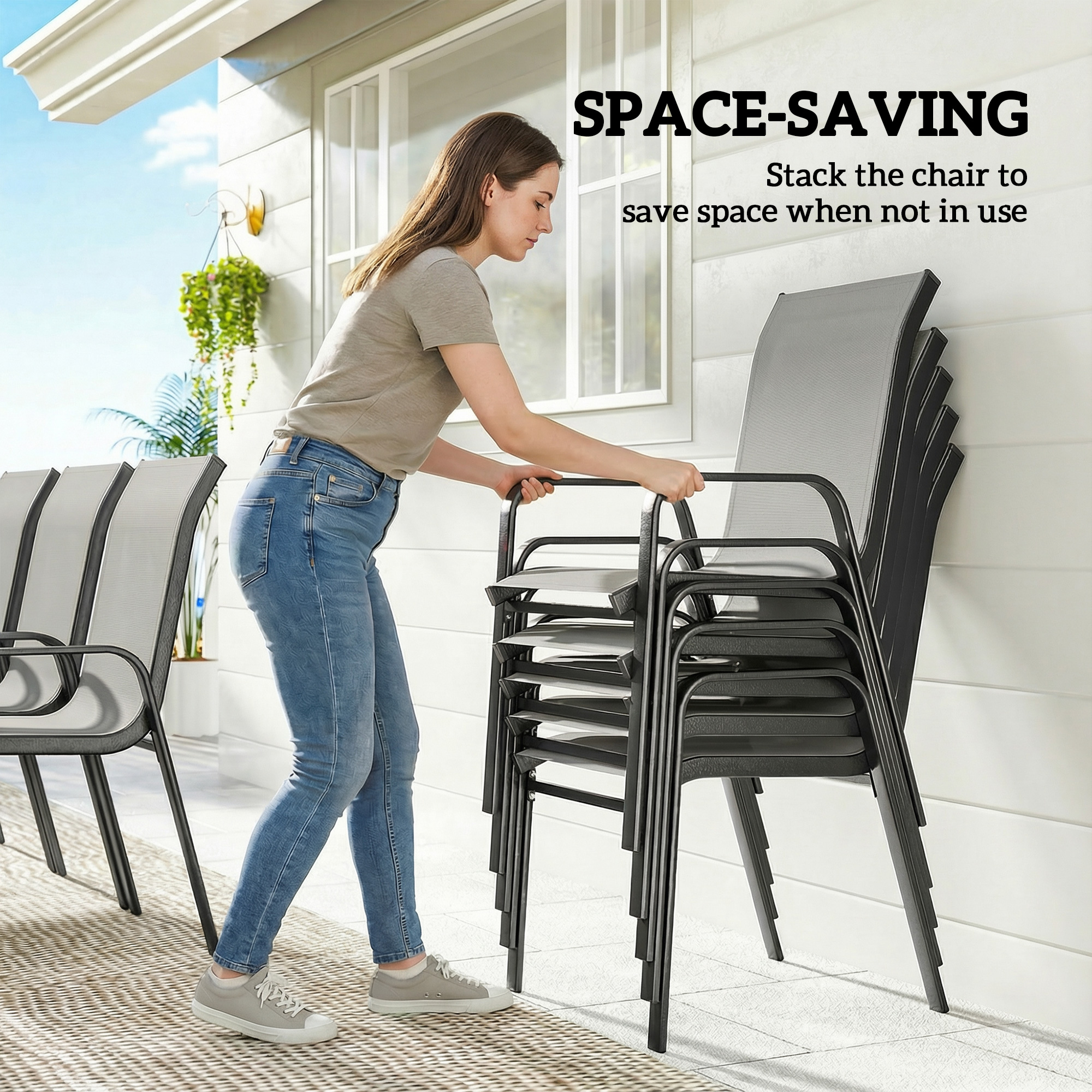 9 Pieces Patio Set with Stackable Chairs, Patio Dining Set with Glass Top for Garden, Patio, Backyard, Light Grey - Image 2