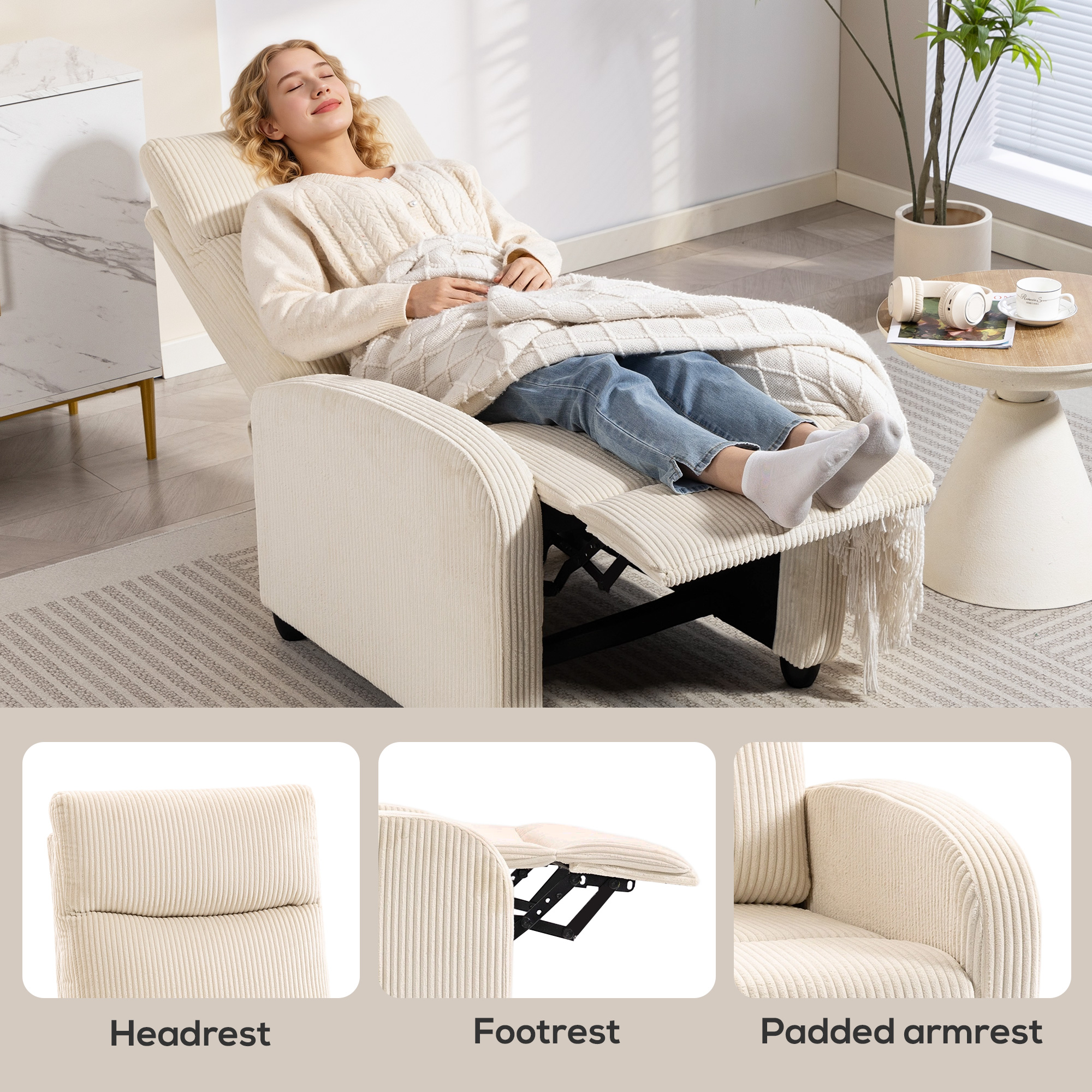 Fabric Recliner Chair Manual Home Theater Seating Single Reclining Sofa Chair with Padded Seat for Living Room, Beige - Image 4