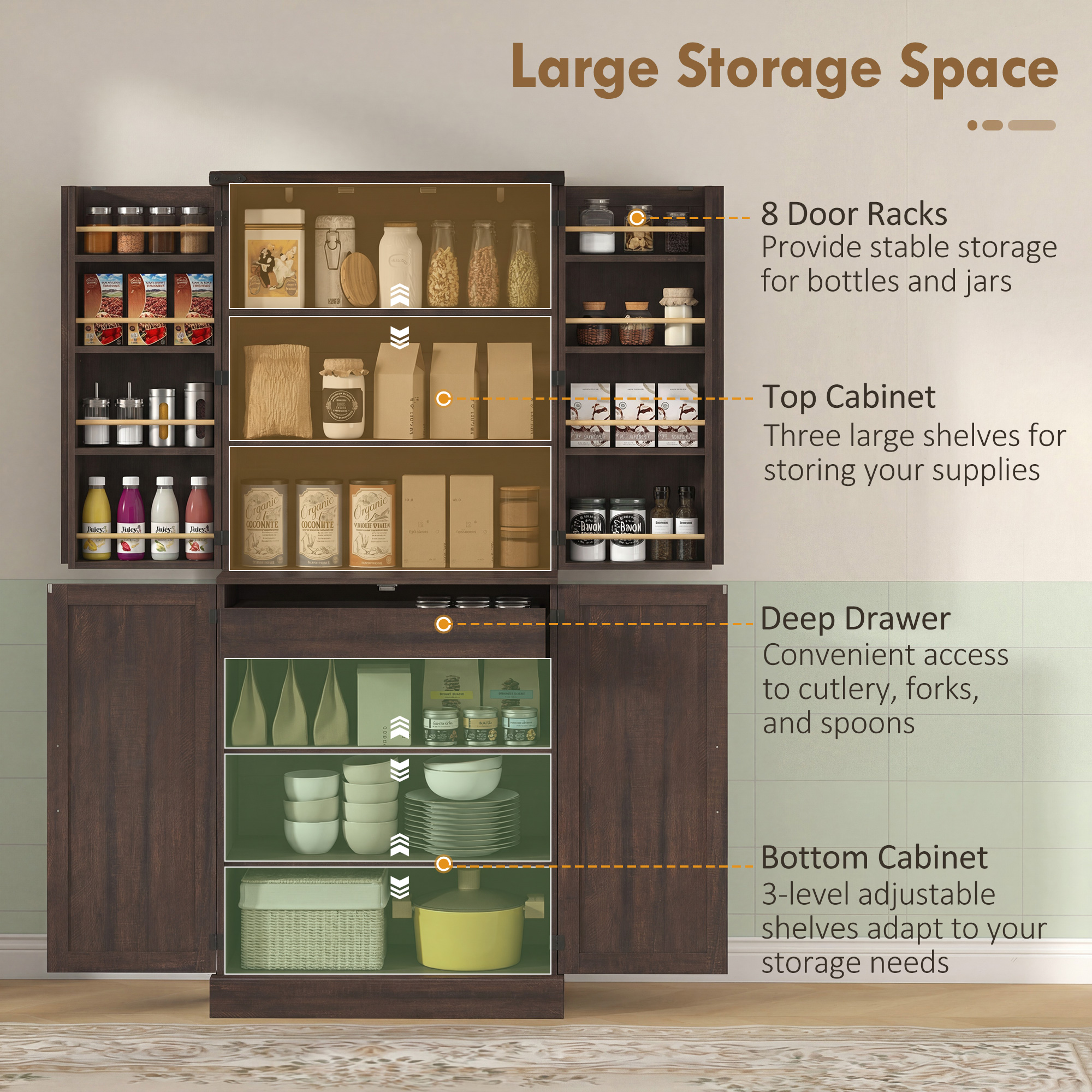 72" Tall Kitchen Pantry Cabinet, Farmhouse Storage Cabinet with 8 Door Racks and Adjustable Shelves, Distressed Brown - Image 2