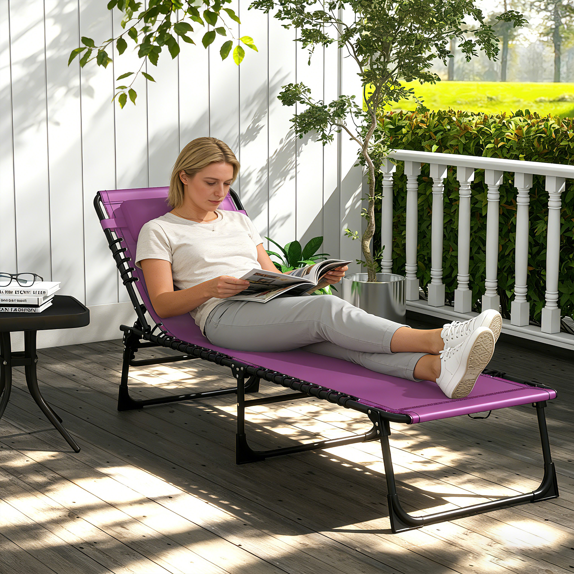 Outdoor Folding Lounge Chair, 4-Level Adjustable Chaise Lounge with Headrest, Tanning Chair Beach Bed, Reclining Lounger Cot for Camping, Hiking, Backyard, Purple - Image 5