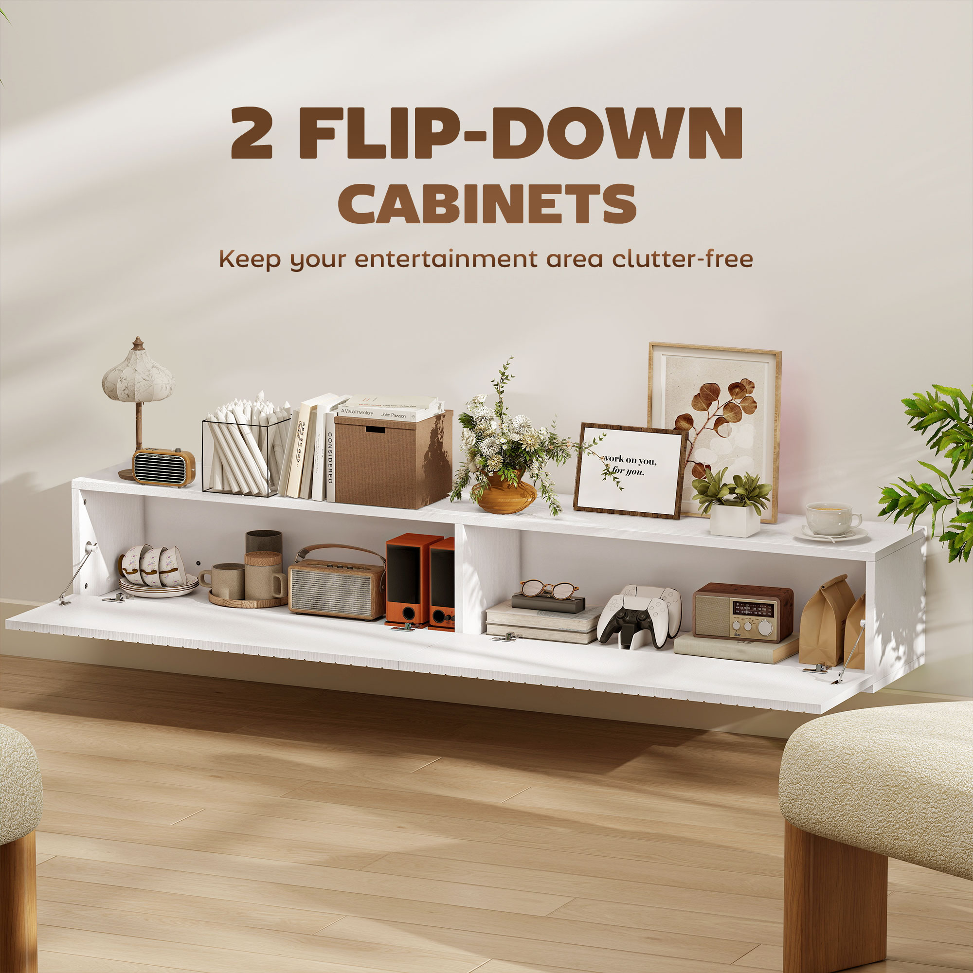 55" Floating TV Stand for TVs up to 72 Inch, Wall Mount Media Console with 2 Fluted Flip-Down Doors, Cable Hole, White - Image 3