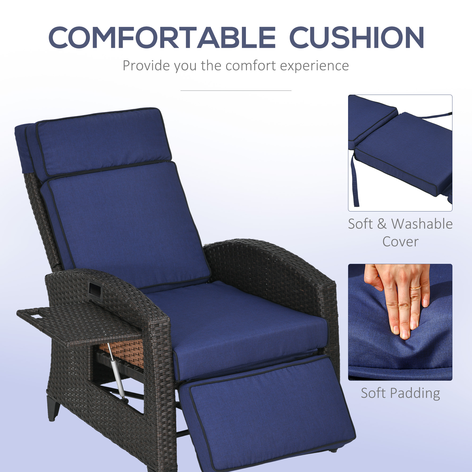 Outdoor Recliner Chair with Adjustable Backrest, Cushion, Side Tray, Blue - Image 5