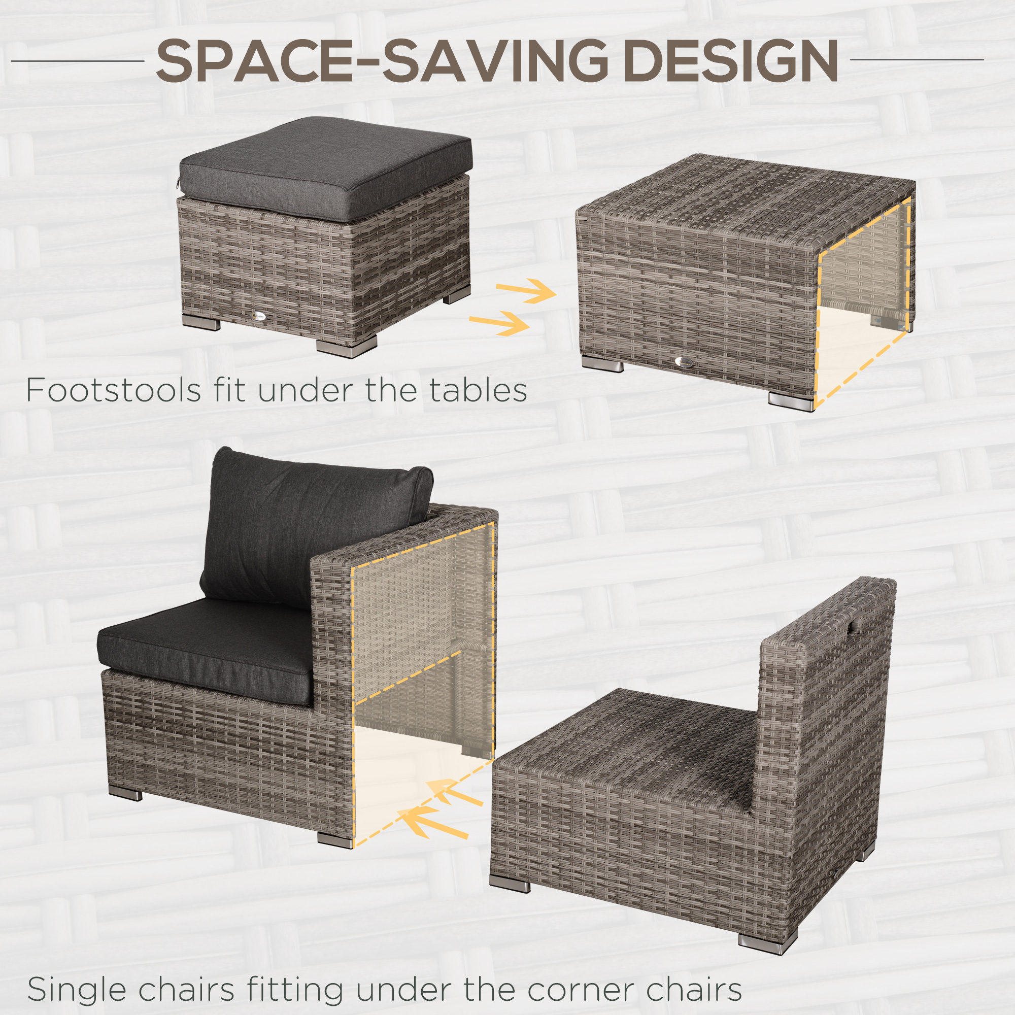 8 Pieces Patio Furniture Set, Outdoor Wicker Rattan Sofa Set Yard Conversation Seat Tea Table and Footstool Garden Patio Furniture w/ 2 Set Cushion Cover Grey & Orange - Image 4