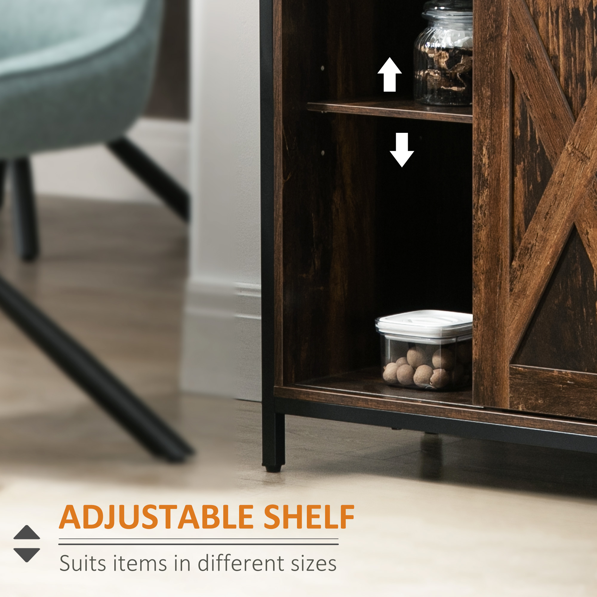 Industrial Buffet Cabinet, Kitchen Sideboard with Sliding Barn Doors, Three Drawers and Adjustable Shelves, Rustic Brown - Image 4