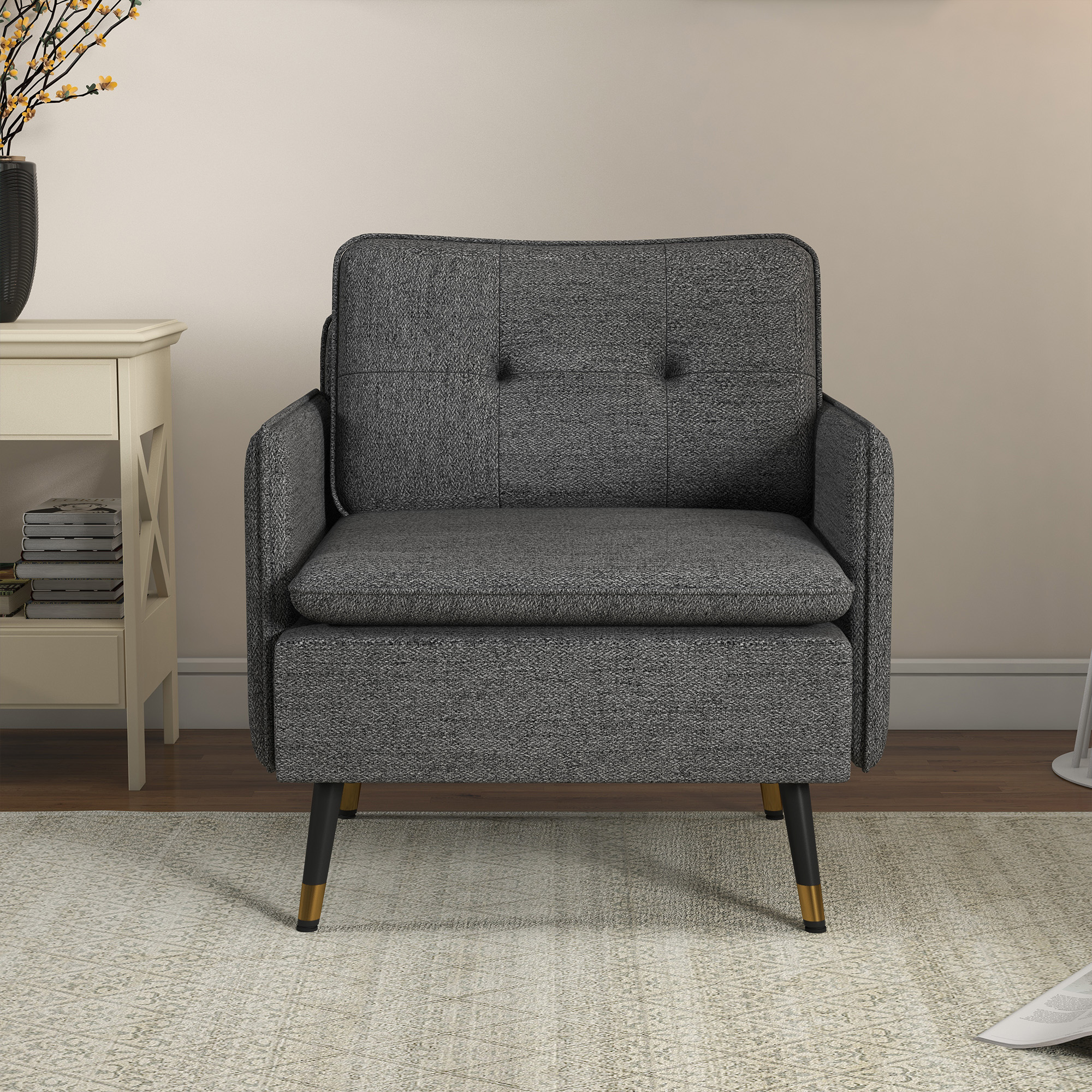 Accent Chair, Upholstered Armchair with Tufted Back Cushion and Steel Legs for Living Room, Bedroom, Dark Grey - Image 4