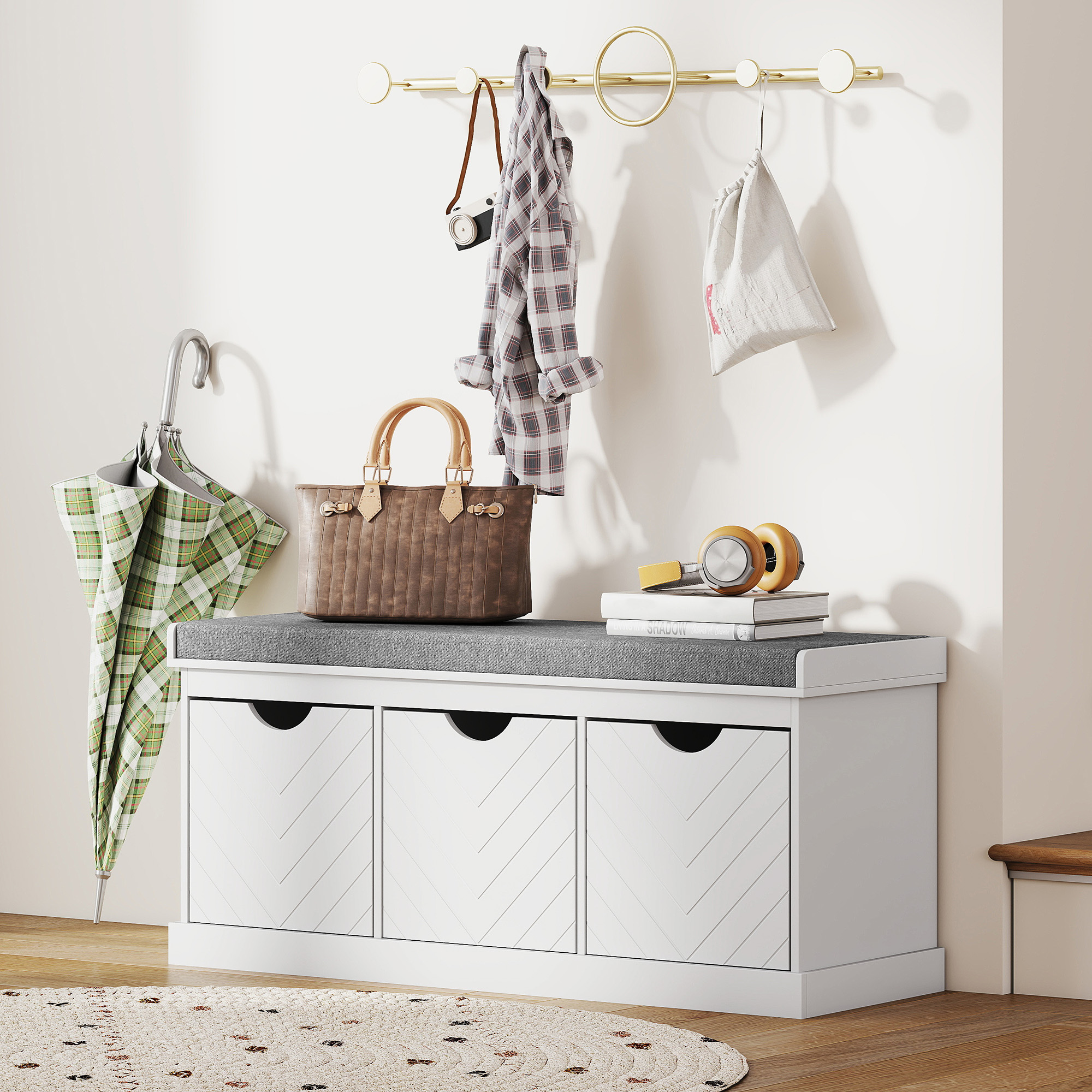Shoe Storage Bench, Linen-Look Entryway Bench with 3 Removable Drawers and Padded Seat Cushion for Hallway, White - Image 5
