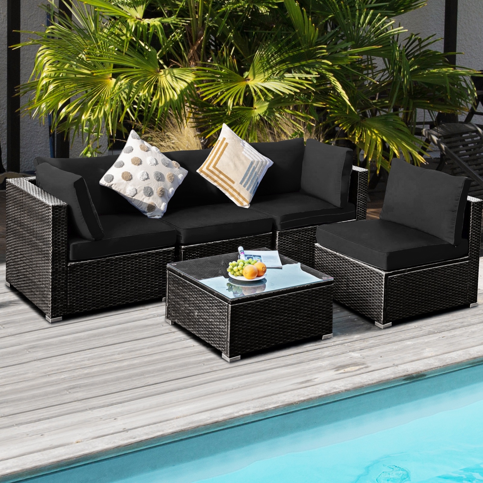 5 Pieces Cushioned Patio Rattan Furniture Set with Glass Table-Black - Image 5