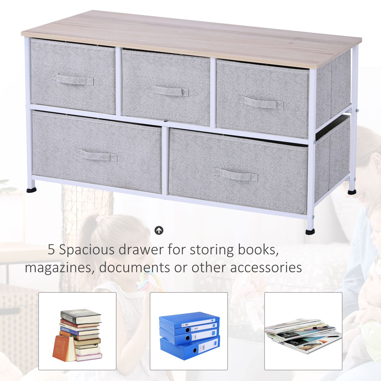 Linen Drawer Cabinet Organizer Storage Dresser Tower with 5 Removable Drawer Metal Frame Adjustable Feet for Living Room, Kitchen, Bathroom, Grey - Image 2