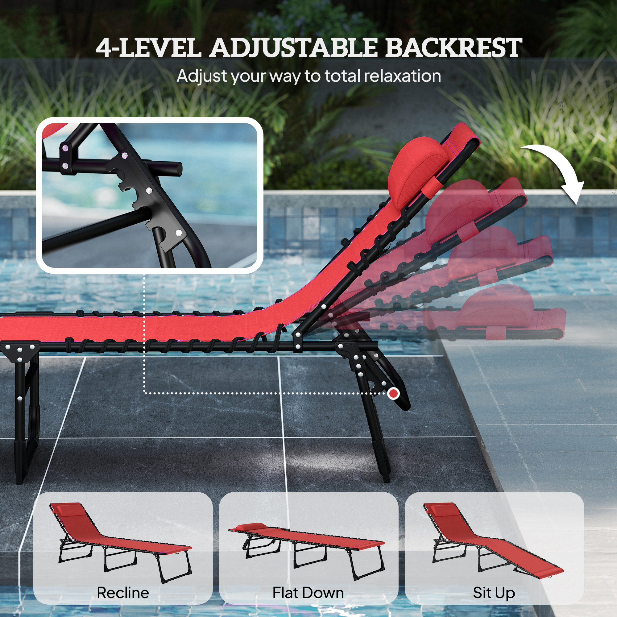 2 PCs Folding Lounge Chairs, Adjustable Chaise Lounge with Headrest, Reclining Lounger Cot for Camping, Hiking, Wine Red - Image 2