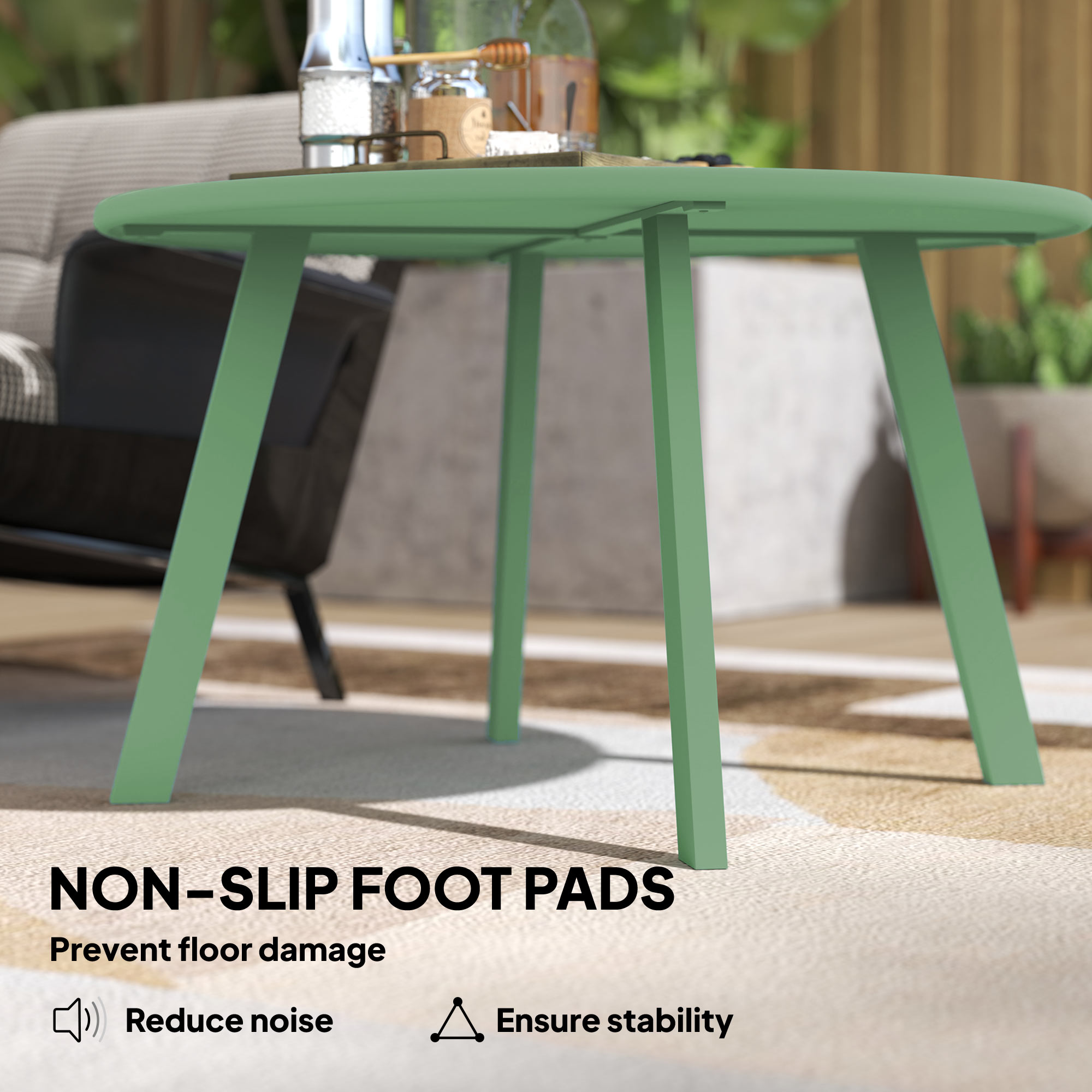 Round Outdoor Side Table, Patio Coffee Table with Metal Frame and Non-Slip Foot Pads, Green - Image 4