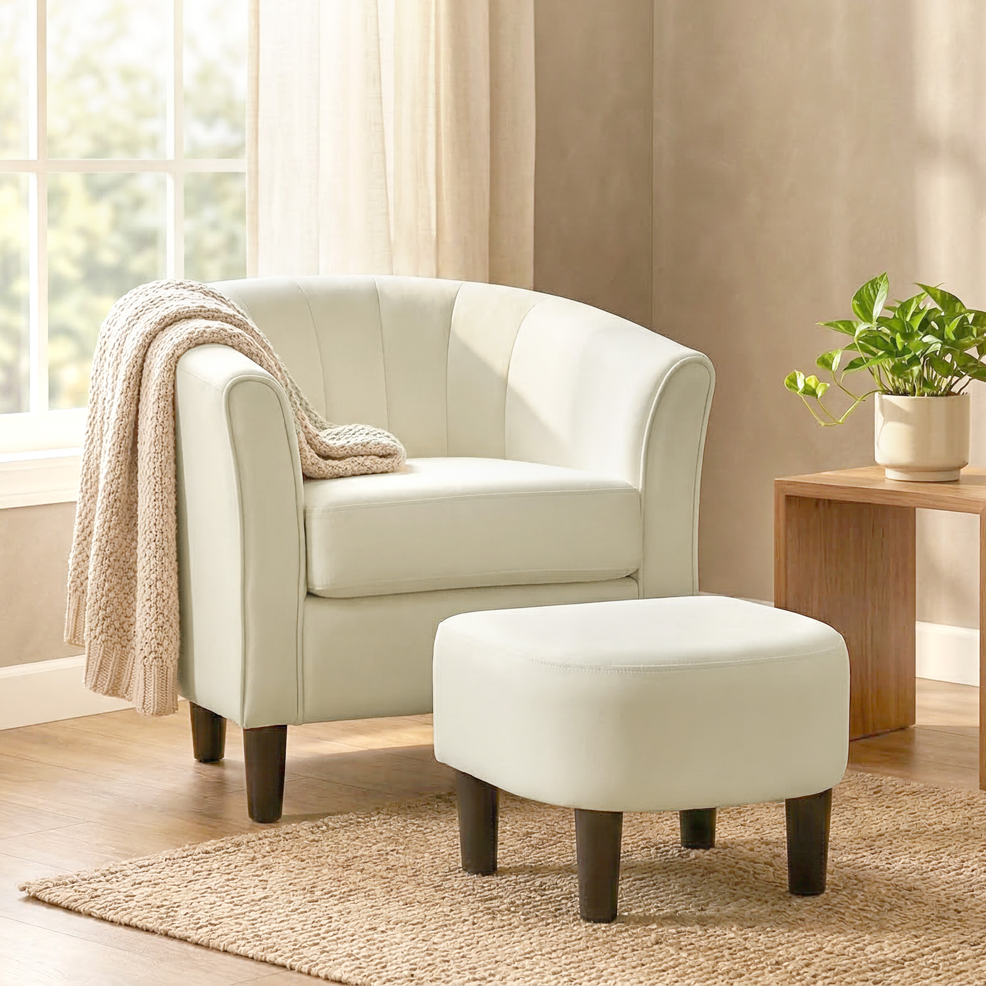 Accent Chair Modern Upholstered Living Room Chair with Ottoman and Pocket Spring Cushion Cream White - Image 6