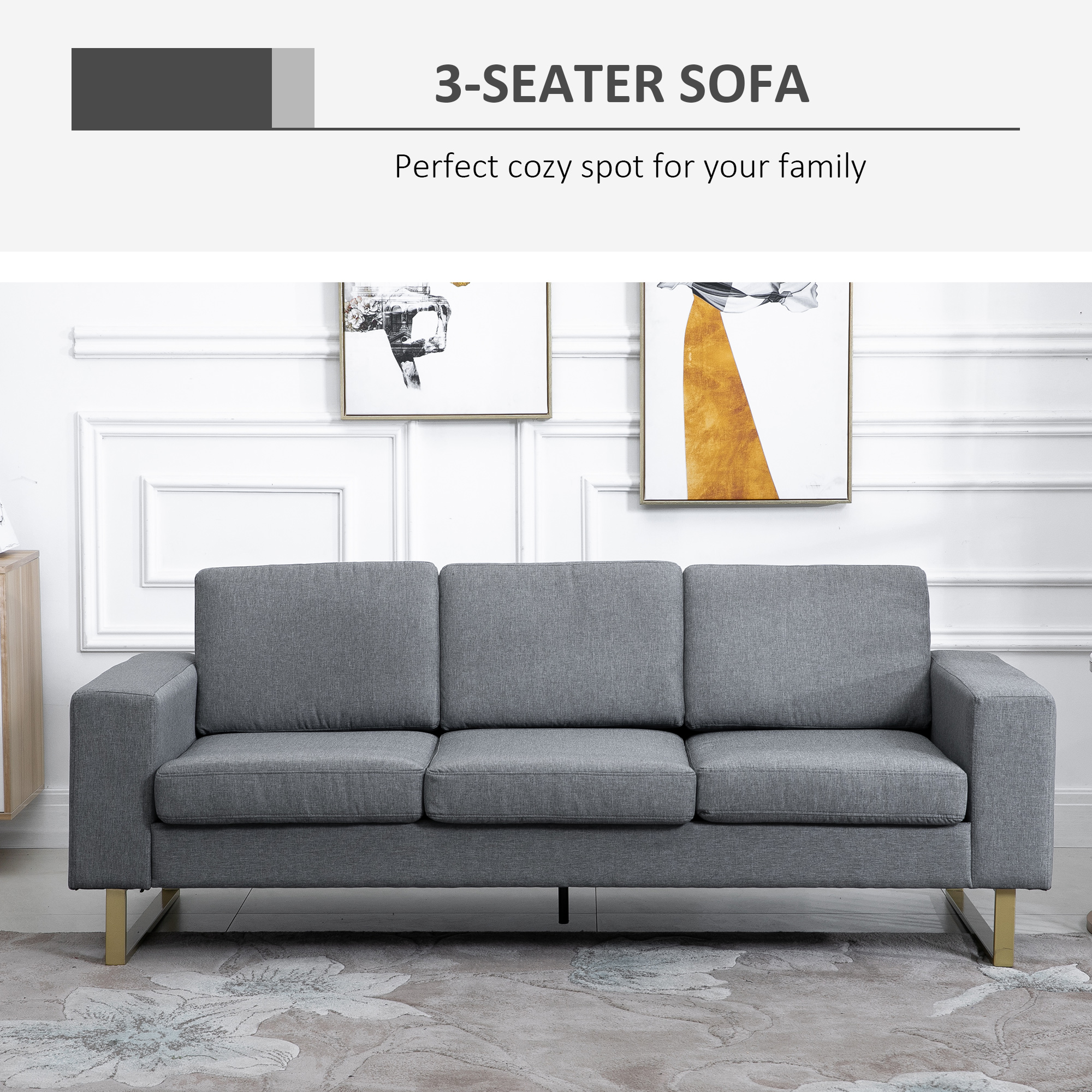 3 Seater Sofa, Linen Upholstered Cozy Padded Couch with Steel Leg, Backrest and Wide Armrest, for Living room, Bedroom, Dark Grey - Image 2