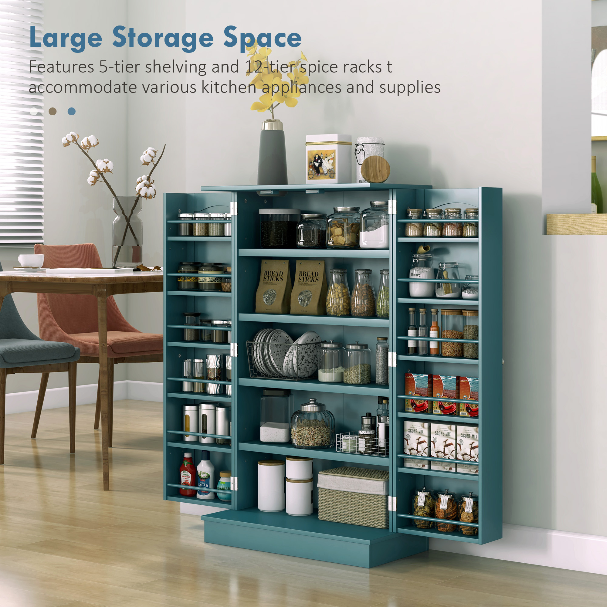 41" Storage Cabinet, 2-Door Kitchen Pantry Cabinet with 5-tier Shelving, 12 Spice Racks, Adjustable Shelves, Teal Blue - Image 2