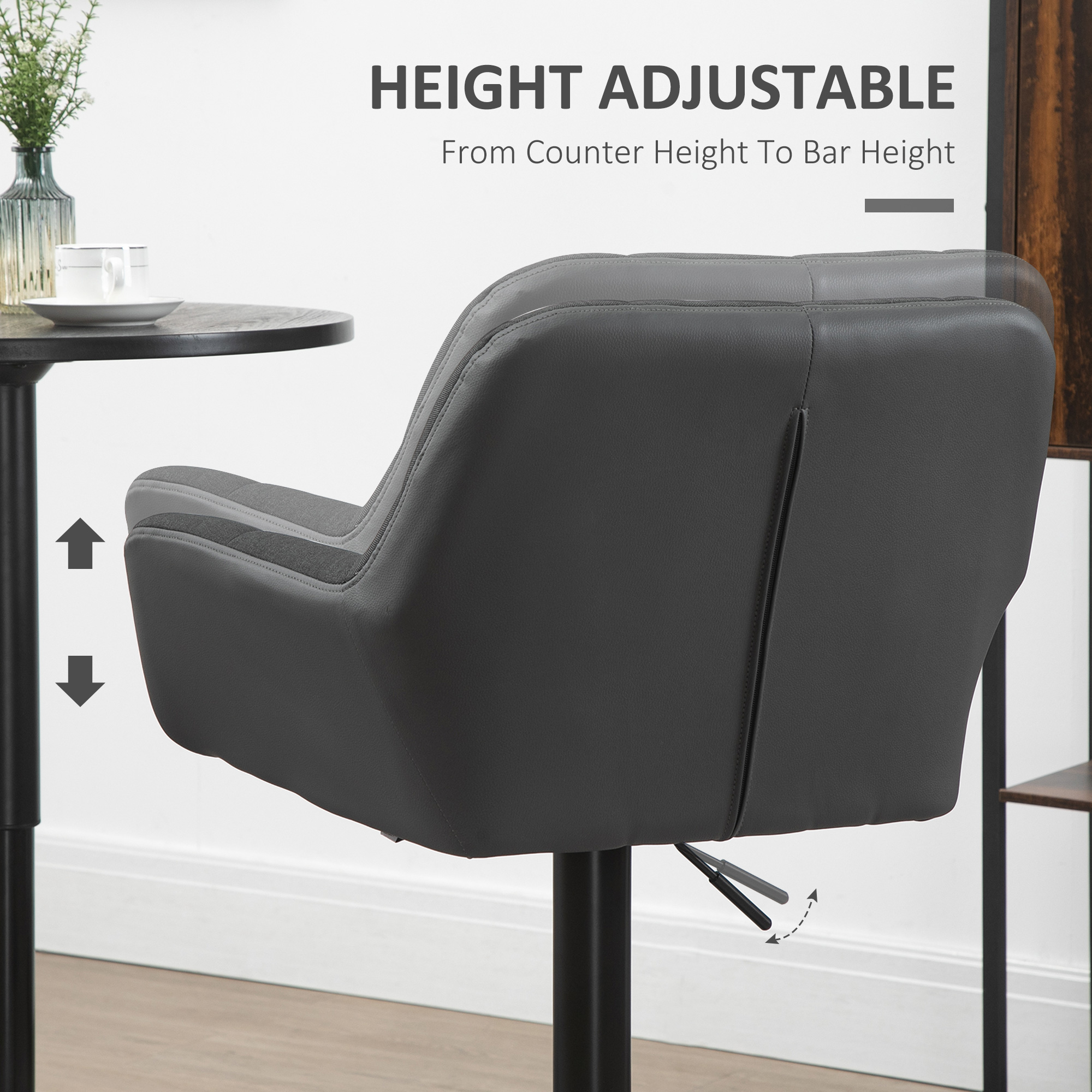Swivel Barstools Set of 2 Adjustable Bar Stools with Footrest Armrests and PU Leather Back for Dining Room Black, Grey - Image 3