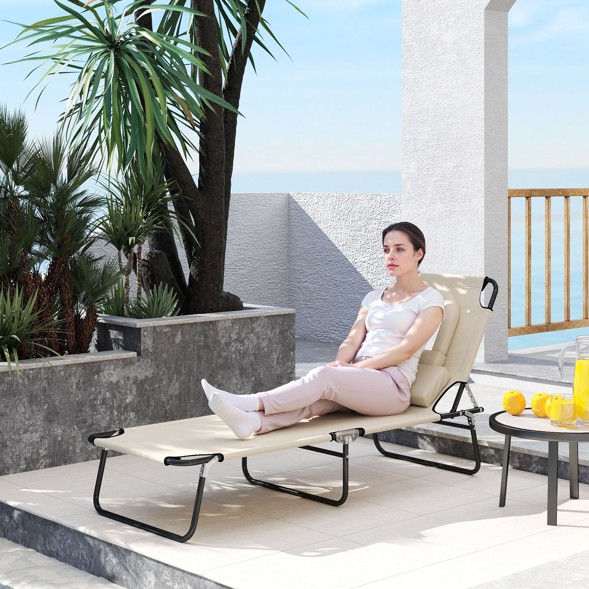 Outdoor Lounge Chair, Garden Folding Chaise Lounge w/ Adjustable Backrest, Face Hole and Support Pillow, Beige - Image 6