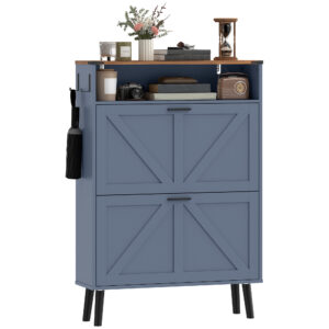 Shoe Storage Cabinet with 2 Flip Drawers, Farmhouse Narrow Shoe Cabinet, Holds Up to 16 Pairs, Blue