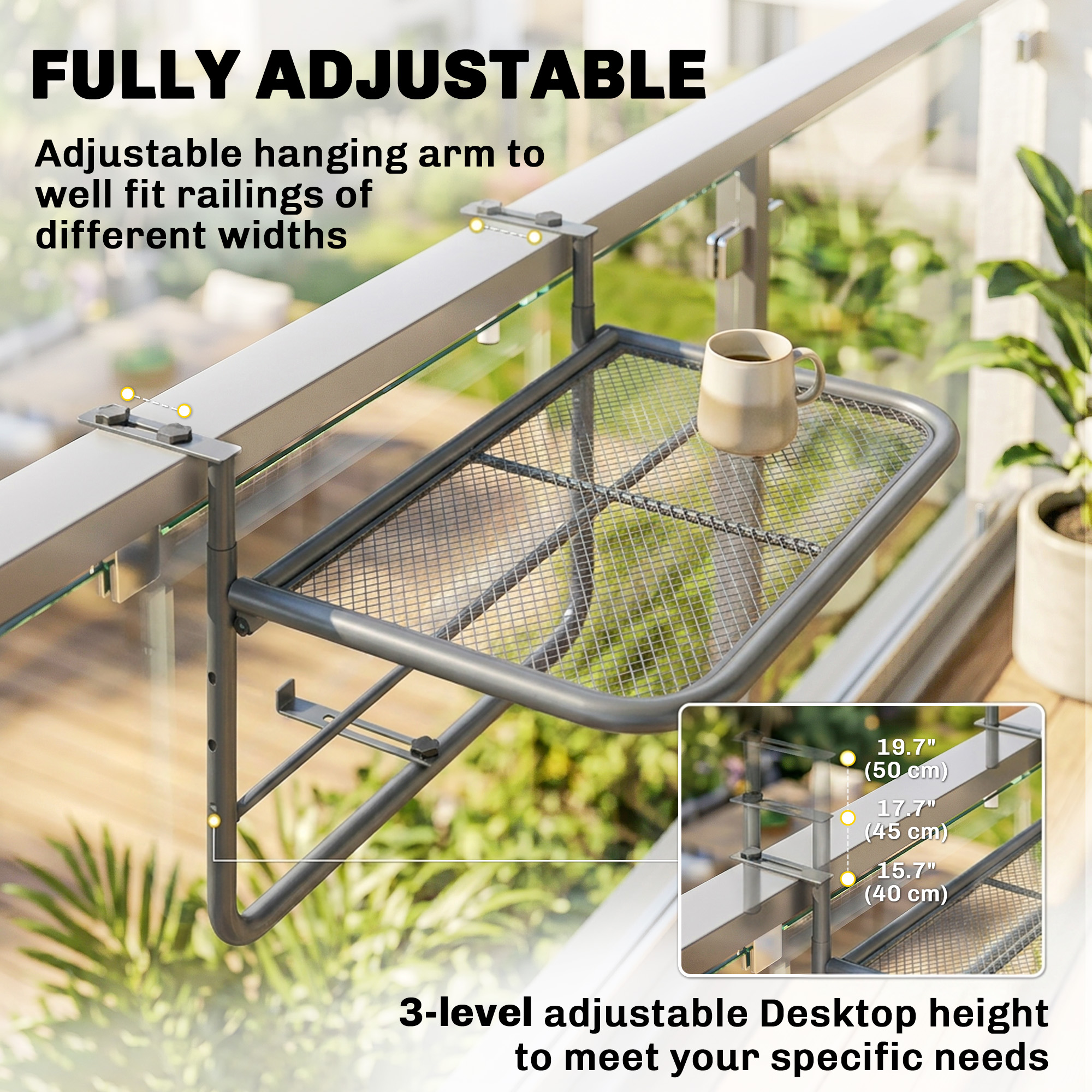 Adjustable Balcony Hanging Railing Table, Metal Mounting Mini Wall Desk Storage Rack, Outdoor Flower Stand Serving Table Rectangle, Grey - Image 2