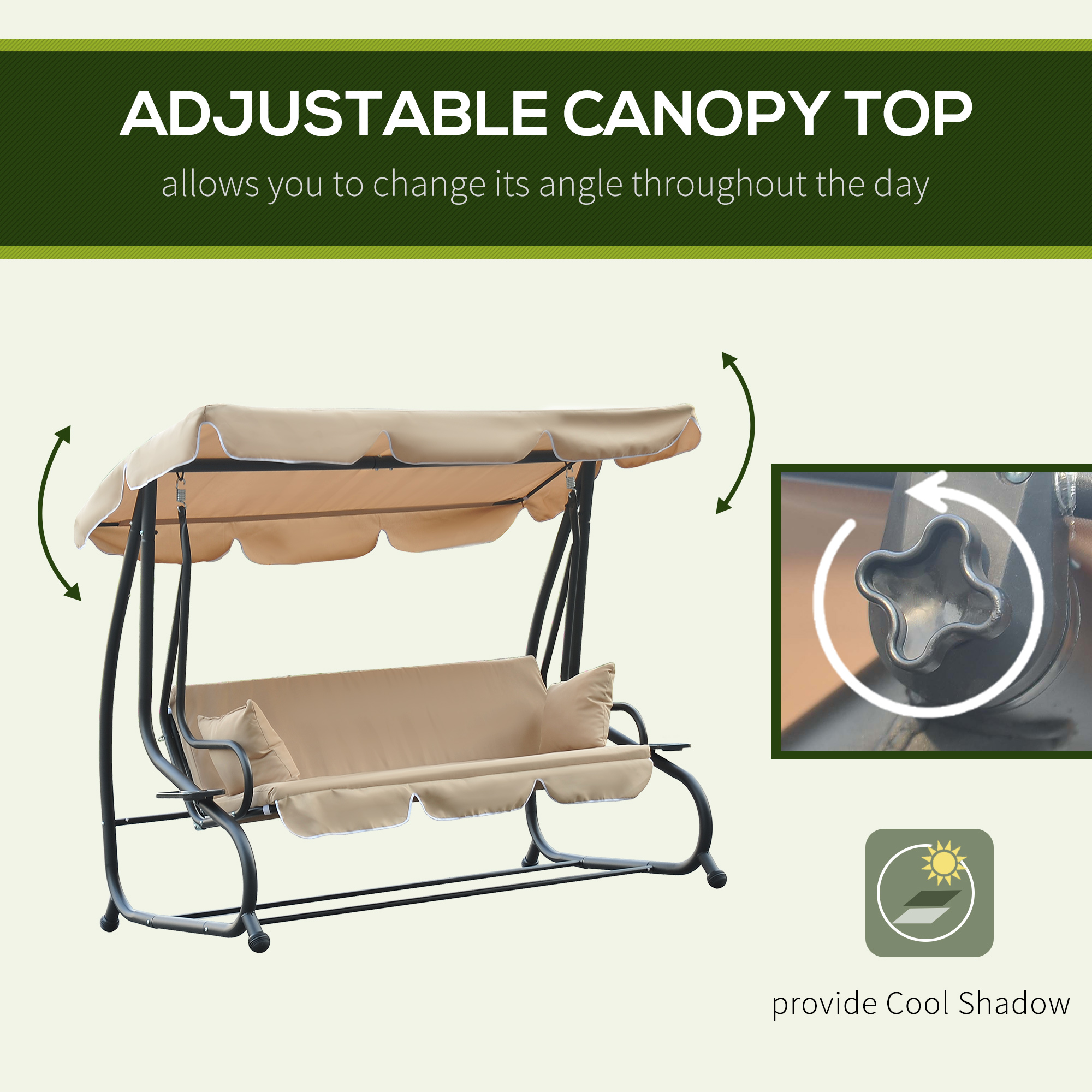 3-Seat Outdoor Patio Swing Chair, 2-in-1 Convertible Flat Bed, Canopy Swing with Adjustable Shade, Removable Cushions, Cup Holder, Beige - Image 3