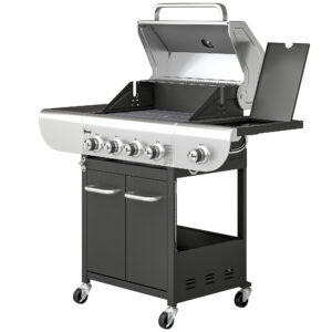 4 Burner Propane Gas Grill with Side Burner, 53,000 BTU BBQ Grill with Cast Iron Grates, Wheels, Warming Rack, Cabinet