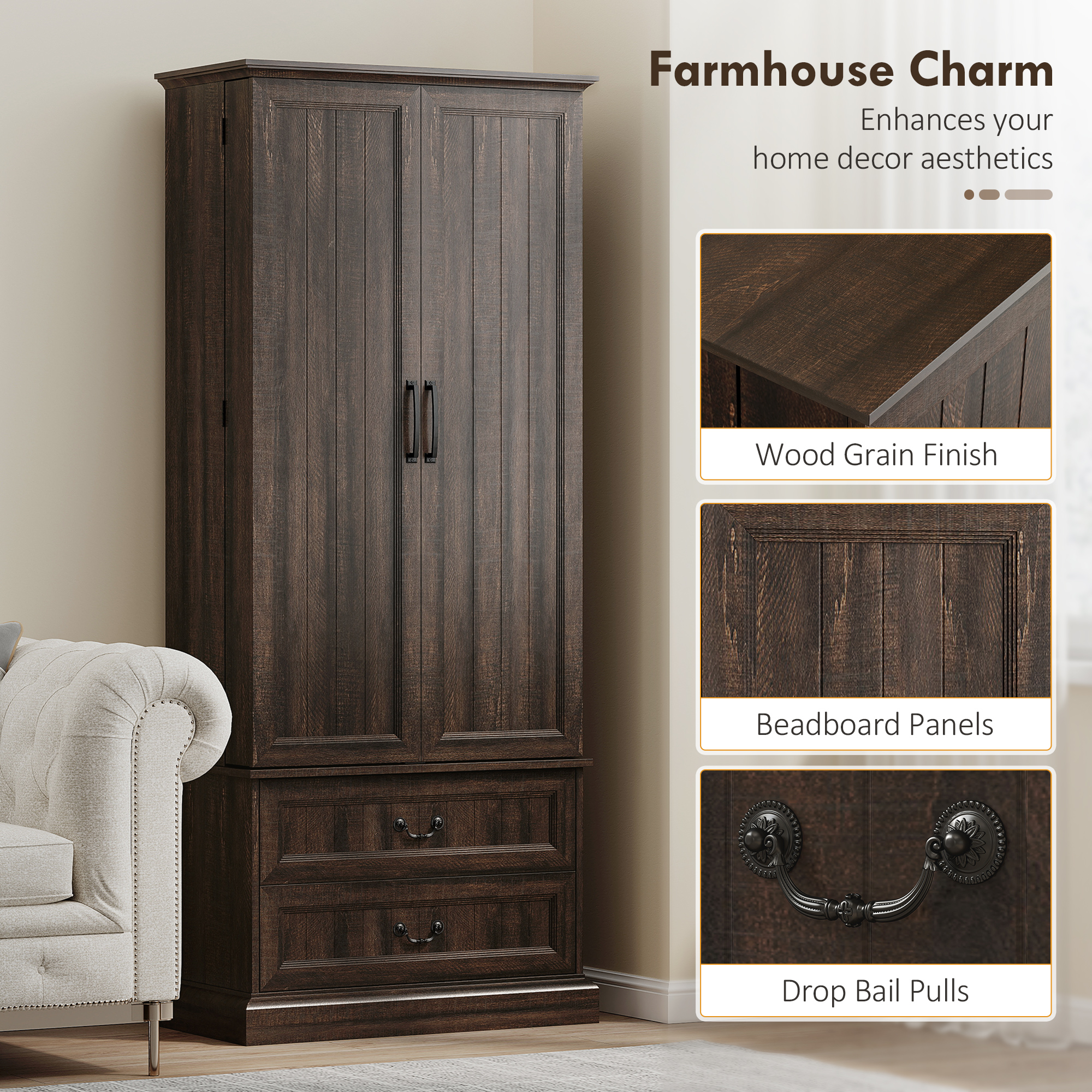 72" LED Kitchen Pantry Cabinet, Buffet Storage Cabinet with 10 Door Shelves, 2 Drawers and Adjustable Shelves, Brown - Image 5