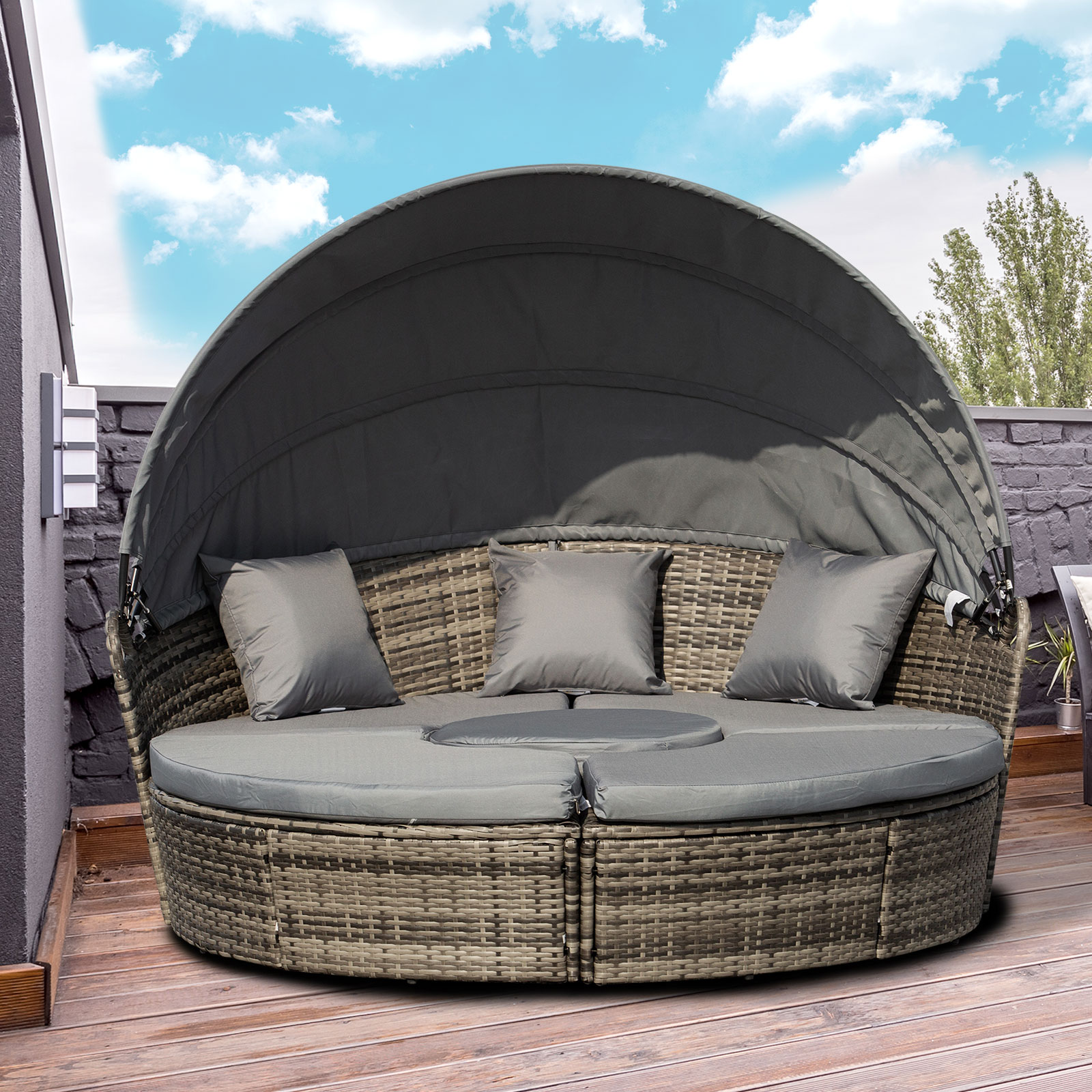 4 Pieces Outdoor Daybed with Retractable Canopy, PE Rattan Wicker Round Sofa Day Bed, Patio Sectional Conversation Furniture Set with Cushions and Pillows, Grey - Image 6