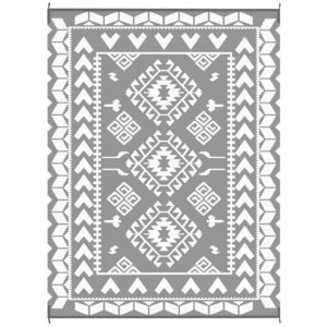 9' x 12' Outdoor RV Rug, Reversible Patio Floor Mat with Carry Bag, Rhombus Patchwork, Grey and White