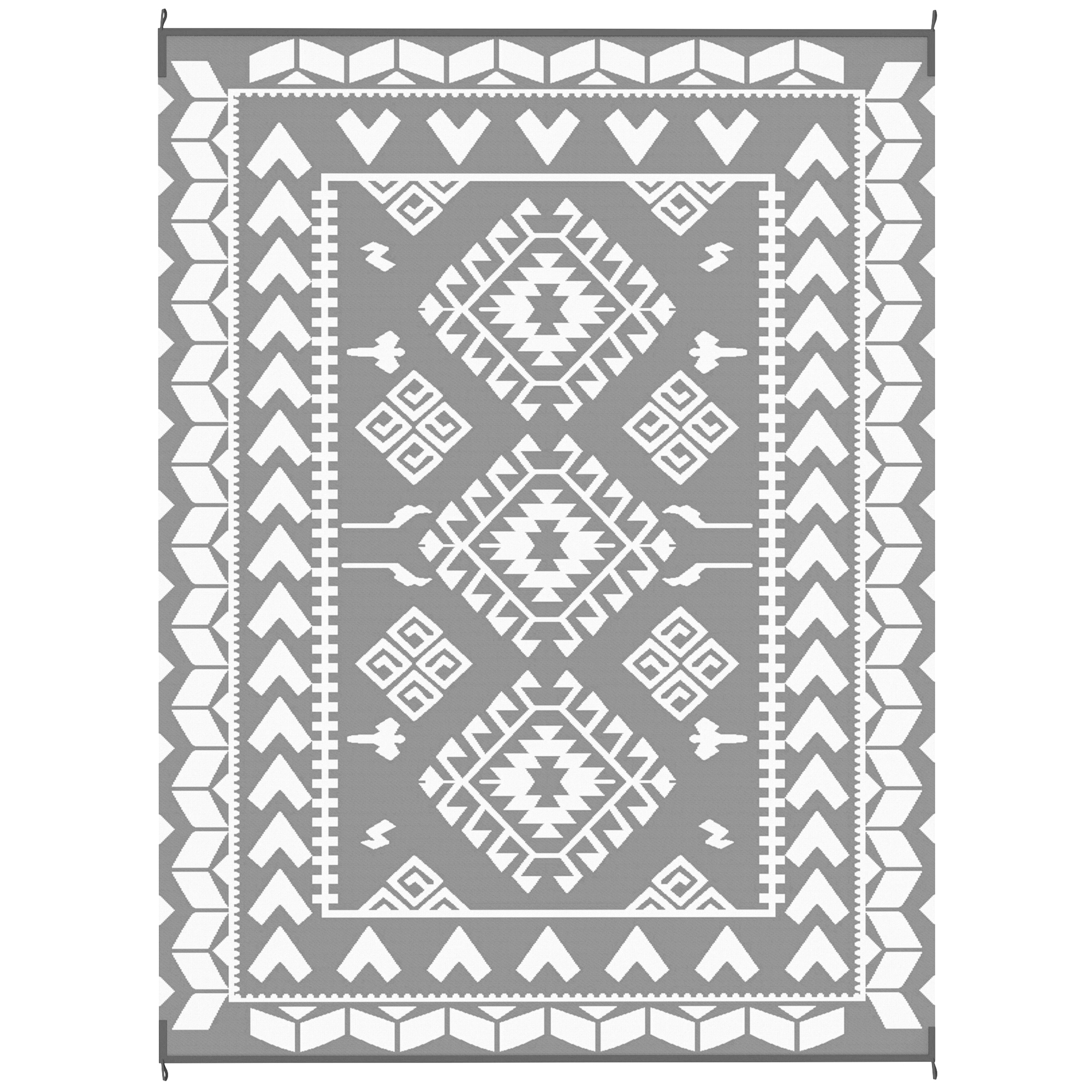 9' x 12' Outdoor RV Rug, Reversible Patio Floor Mat with Carry Bag, Rhombus Patchwork, Grey and White