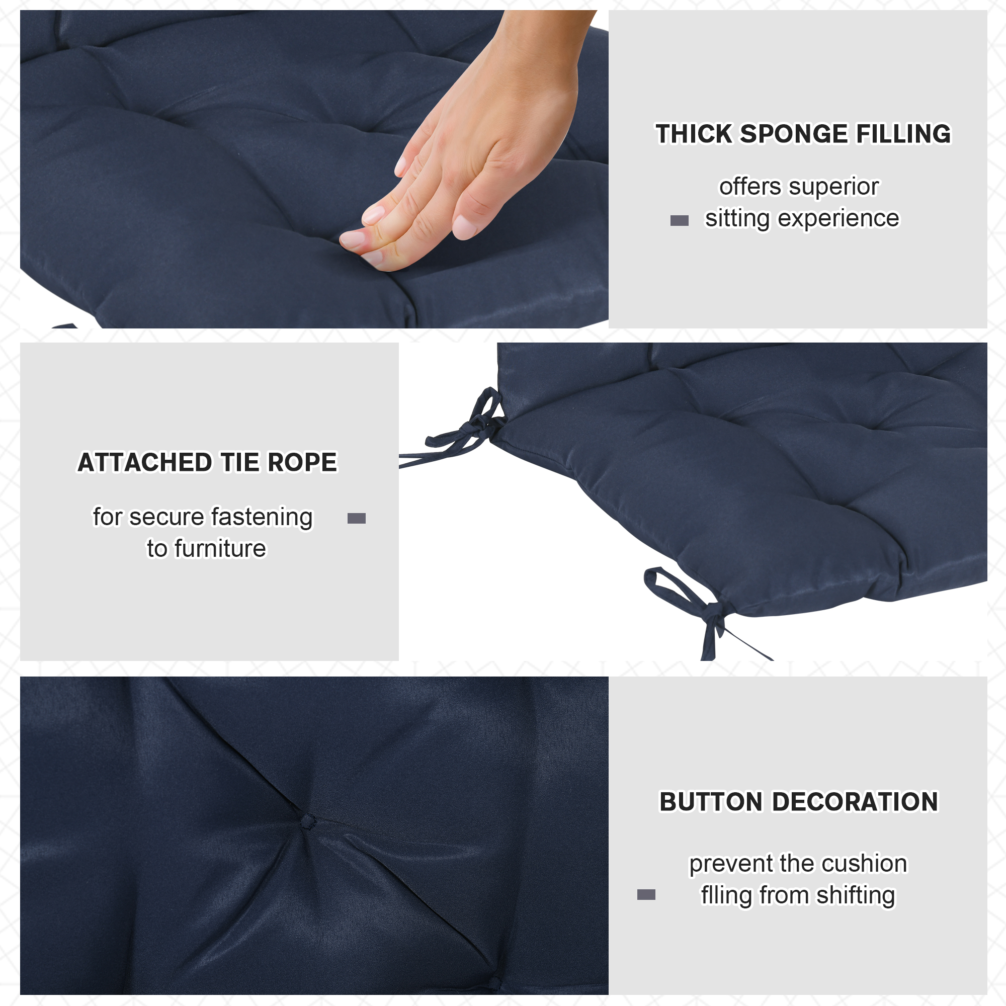 Patio Chair Cushions Set of 2, 39" x 20" x 3" Outdoor Tufted Cushion Set with Ties for Indoor Outdoor Garden Furniture, Dark Blue - Image 4