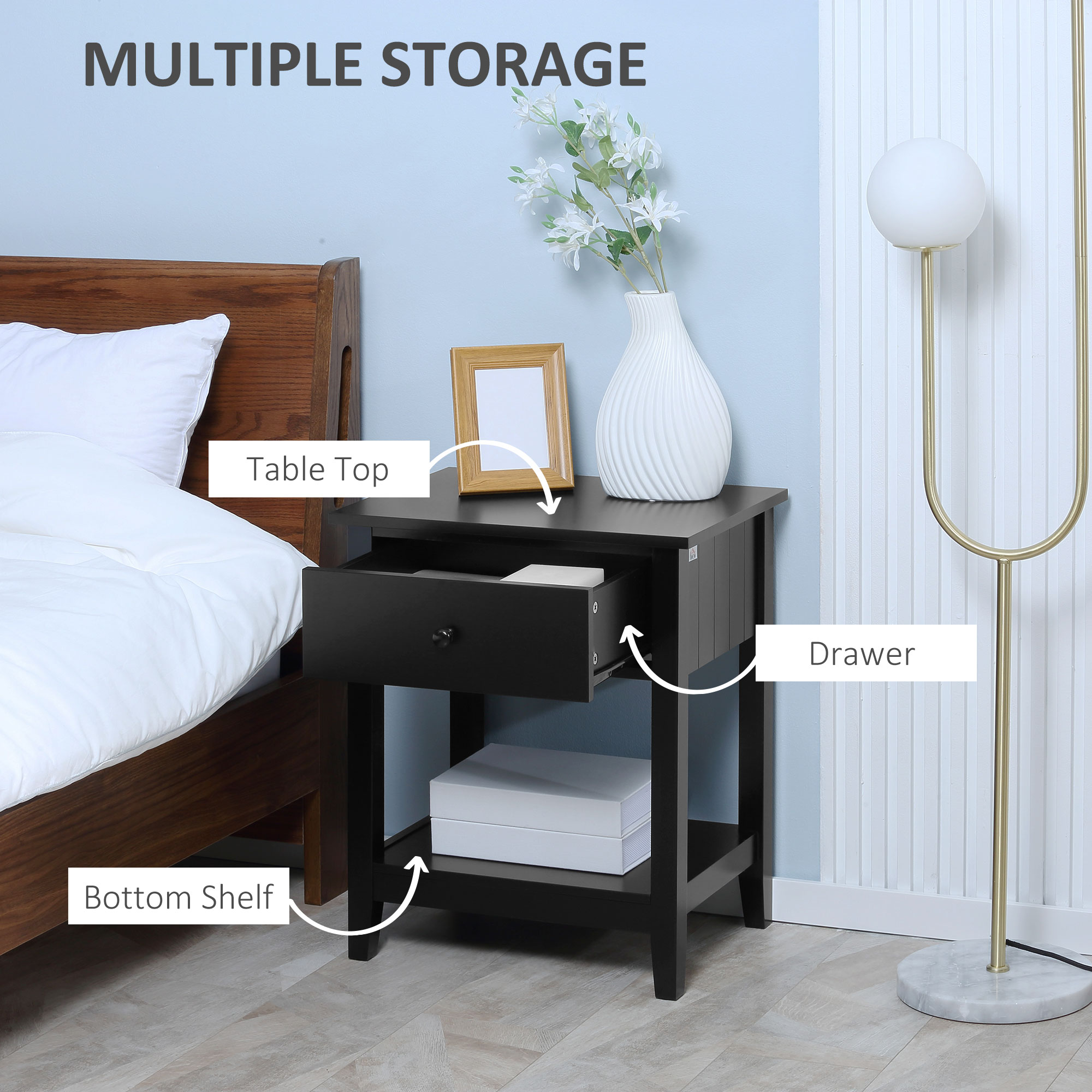Modern Style Nightstand, Small End Table with Drawer and Storage Shelf for Bedroom, Living Room, Black - Image 2