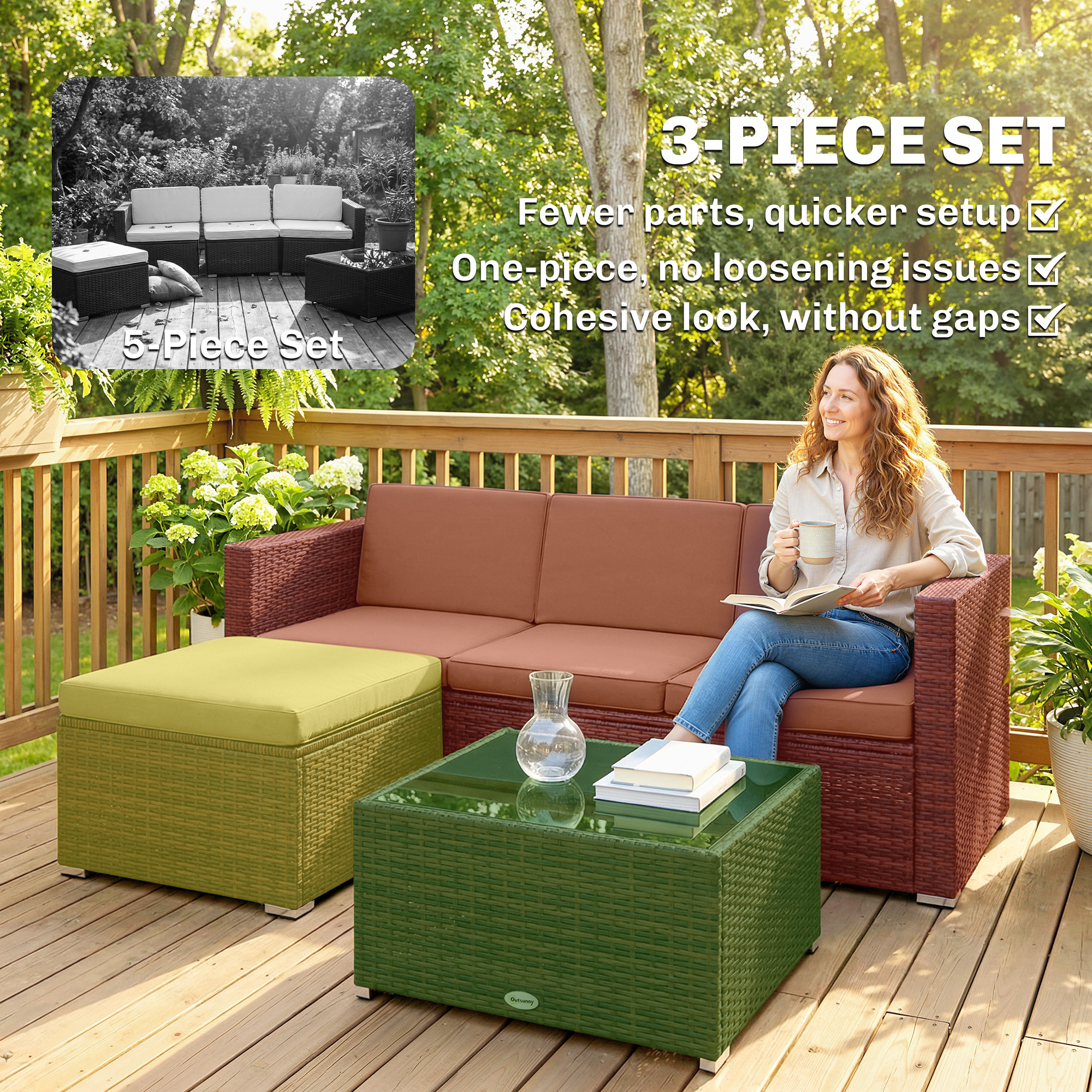 3 Pieces Patio Furniture Set with Cushions, Outdoor PE Rattan Wicker Conversation Corner Sofa Set, Light Green - Image 5