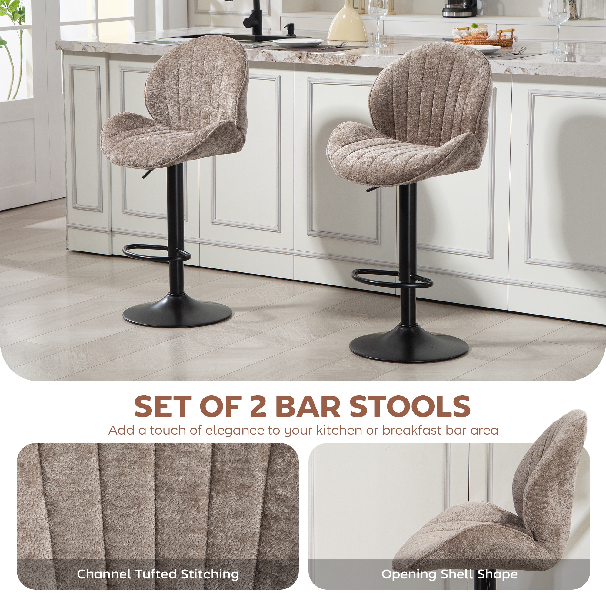 Bar Stools Set of 2, Swivel Barstools with Back, Adjustable Height and Footrest for Kitchen Island, Dining Room, Brown - Image 2