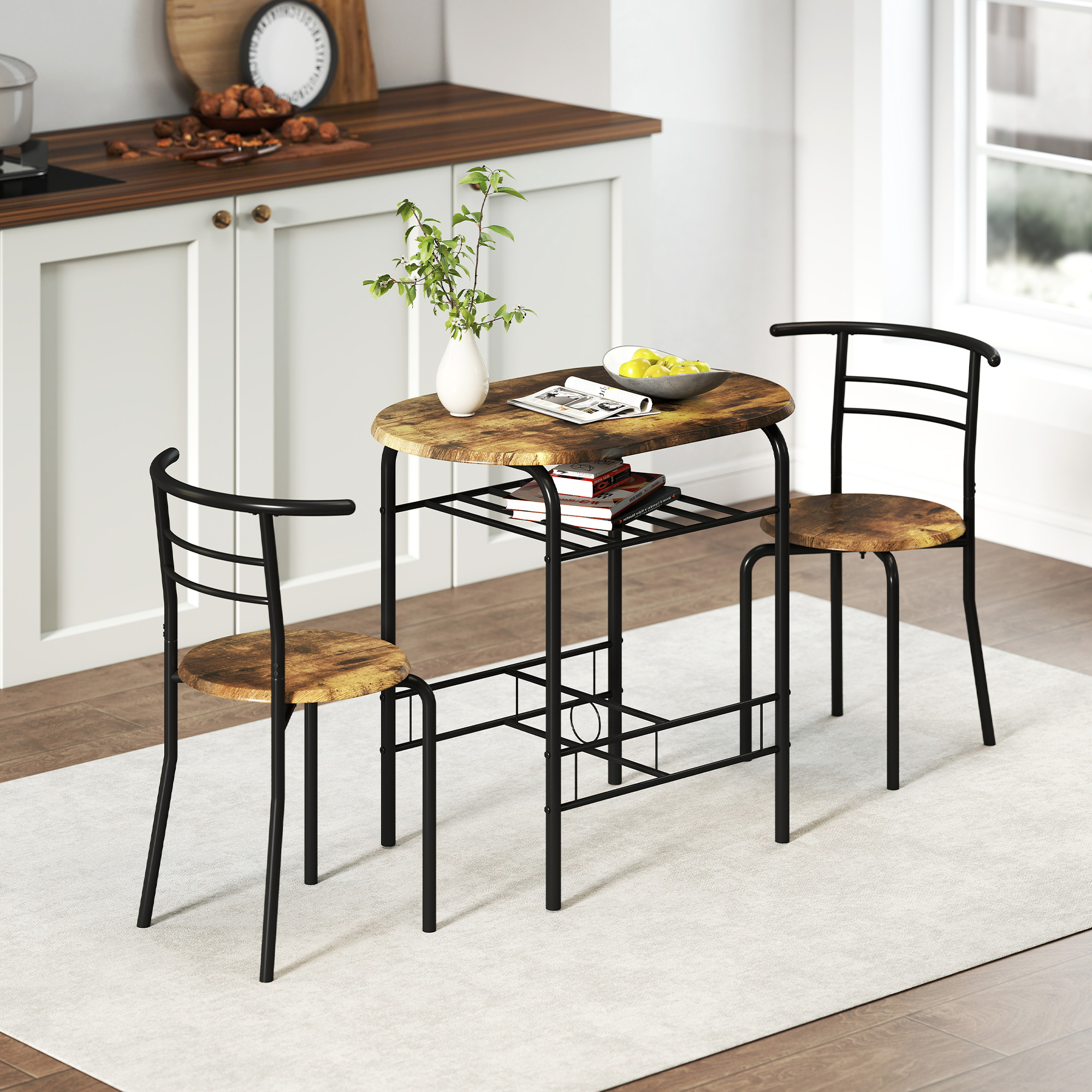 Dining Table Set of 3, Kitchen Table and Chairs Set for 2 with Shelf, Living Room Rustic Brown - Image 5
