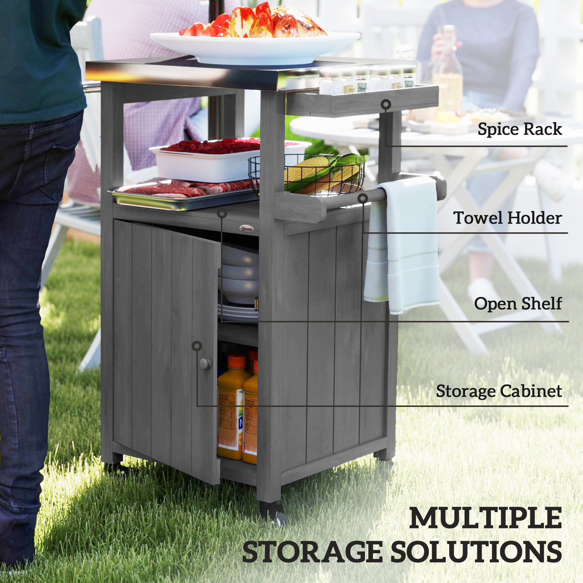 Grill Table with Stainless Steel Top, Pizza Oven Table with Storage Cabinet, Spice Rack, Wheels, Handle, Dark Grey - Image 3