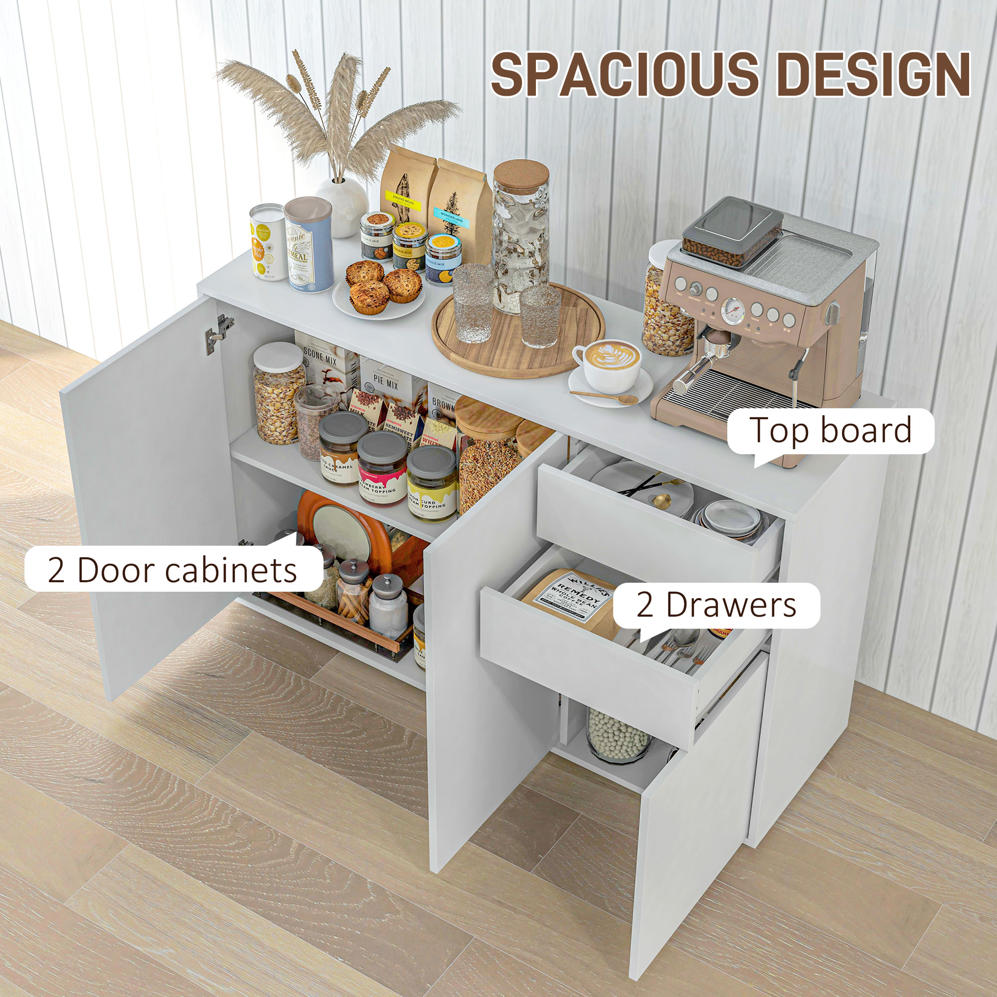 Kitchen Sideboard Storage Cabinet, Modern Coffee Bar with Push-Open Design and 2 Drawers for Living Room, White - Image 2