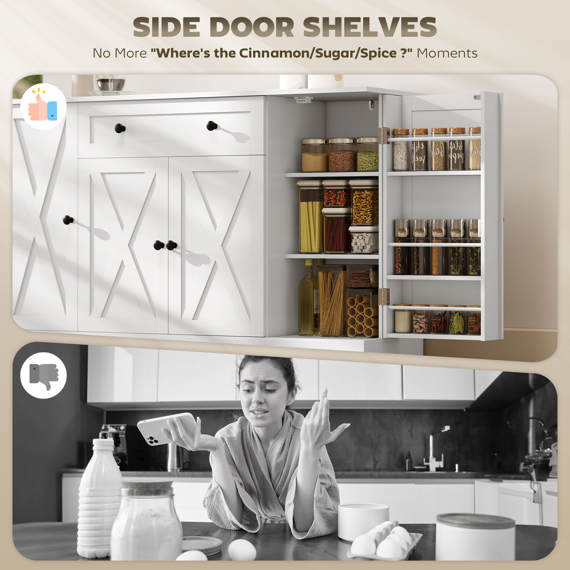 Sideboard Buffet Cabinet, Farmhouse Coffee Bar Cabinet with Door Shelves, Adjustable Shelves, Drawer, Barn Doors, White - Image 3